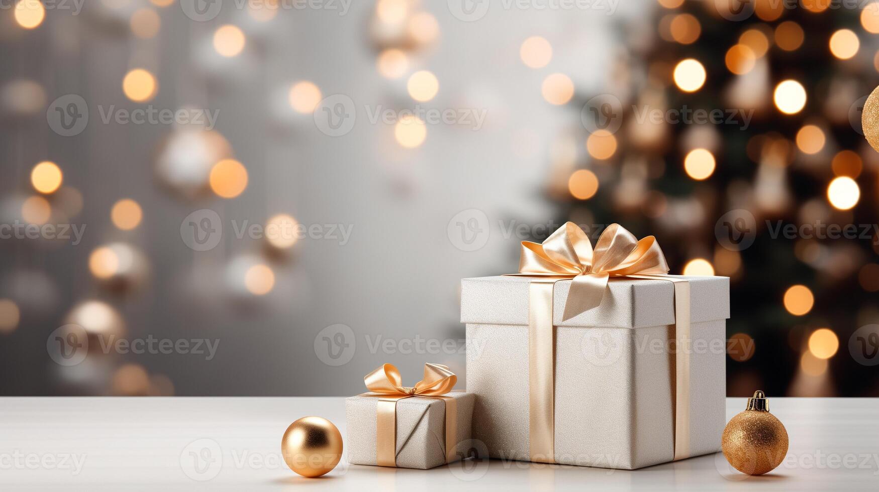 ai gerado festivo Natal árvore e branco presentes em uma branco fundo foto