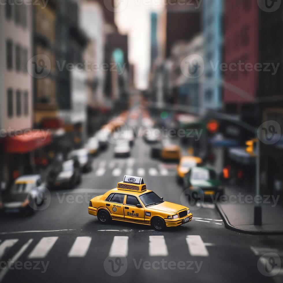 ai gerado uma amarelo Táxi dirigindo baixa uma rua foto