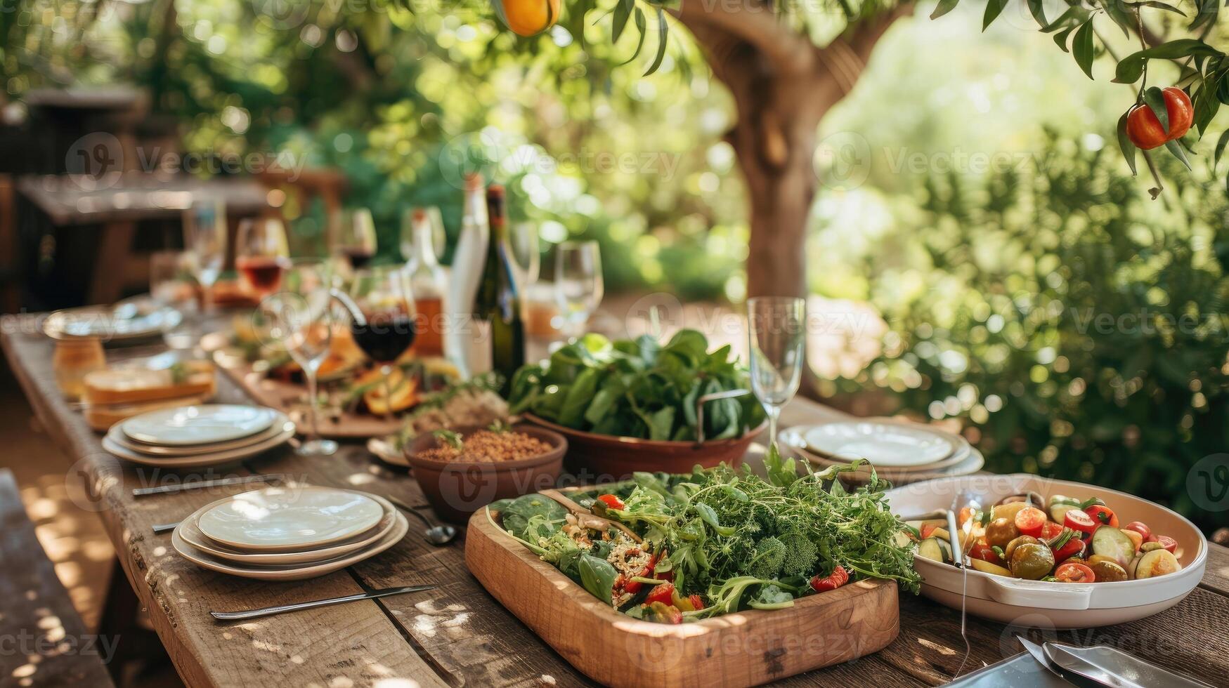 ai gerado colorida da fazenda à mesa festa em rústico de madeira mesa foto