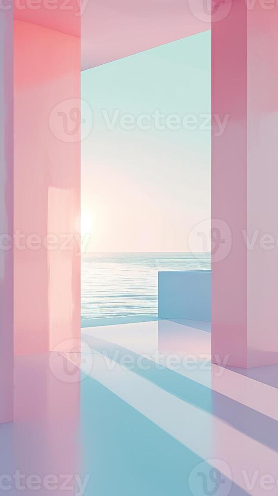 ai gerado sereno pastel nascer do sol Visão através moderno minimalista janela. fundo para Instagram história, bandeira foto