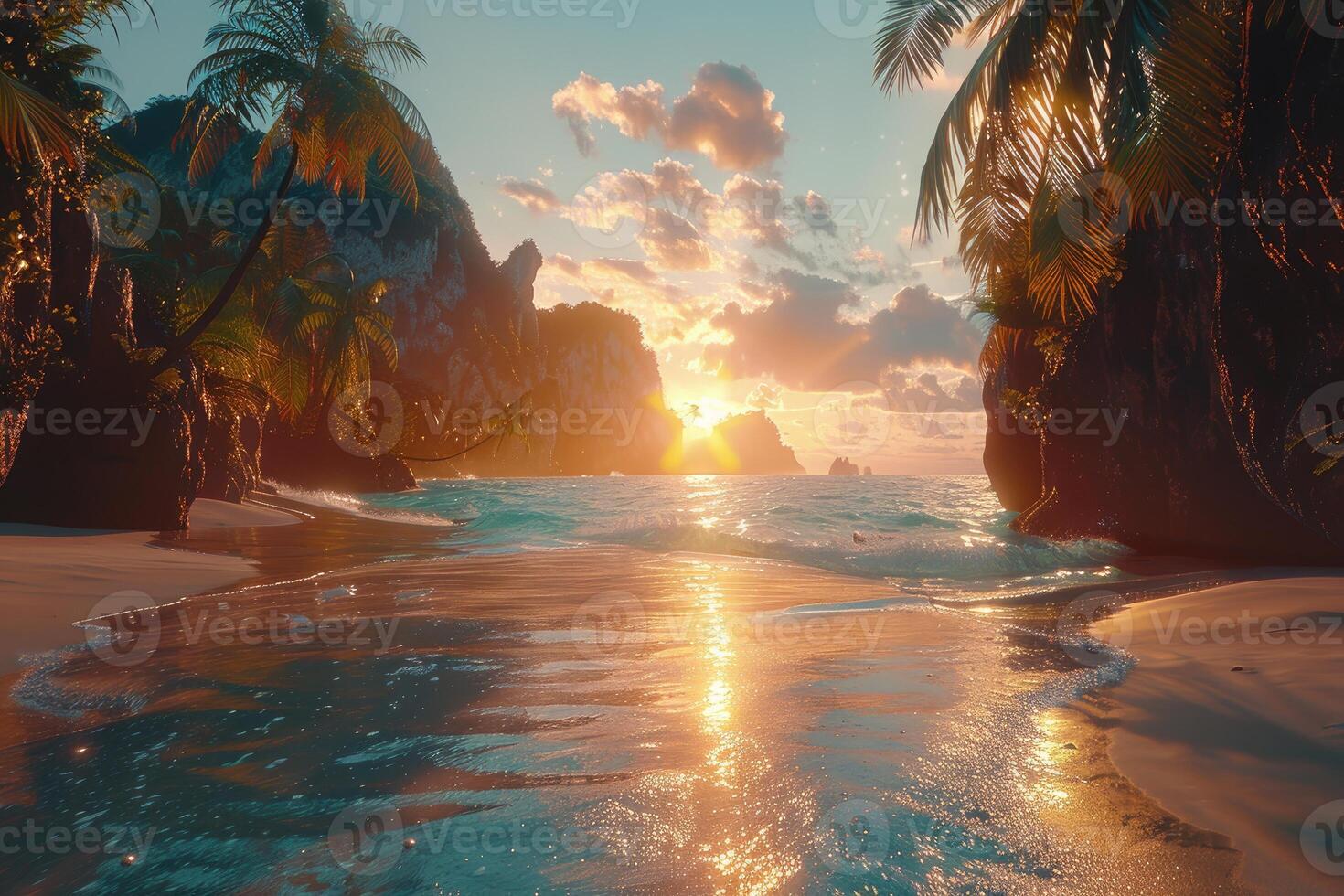 ai gerado lindo tropical pôr do sol em oceano de praia profissional fotografia foto