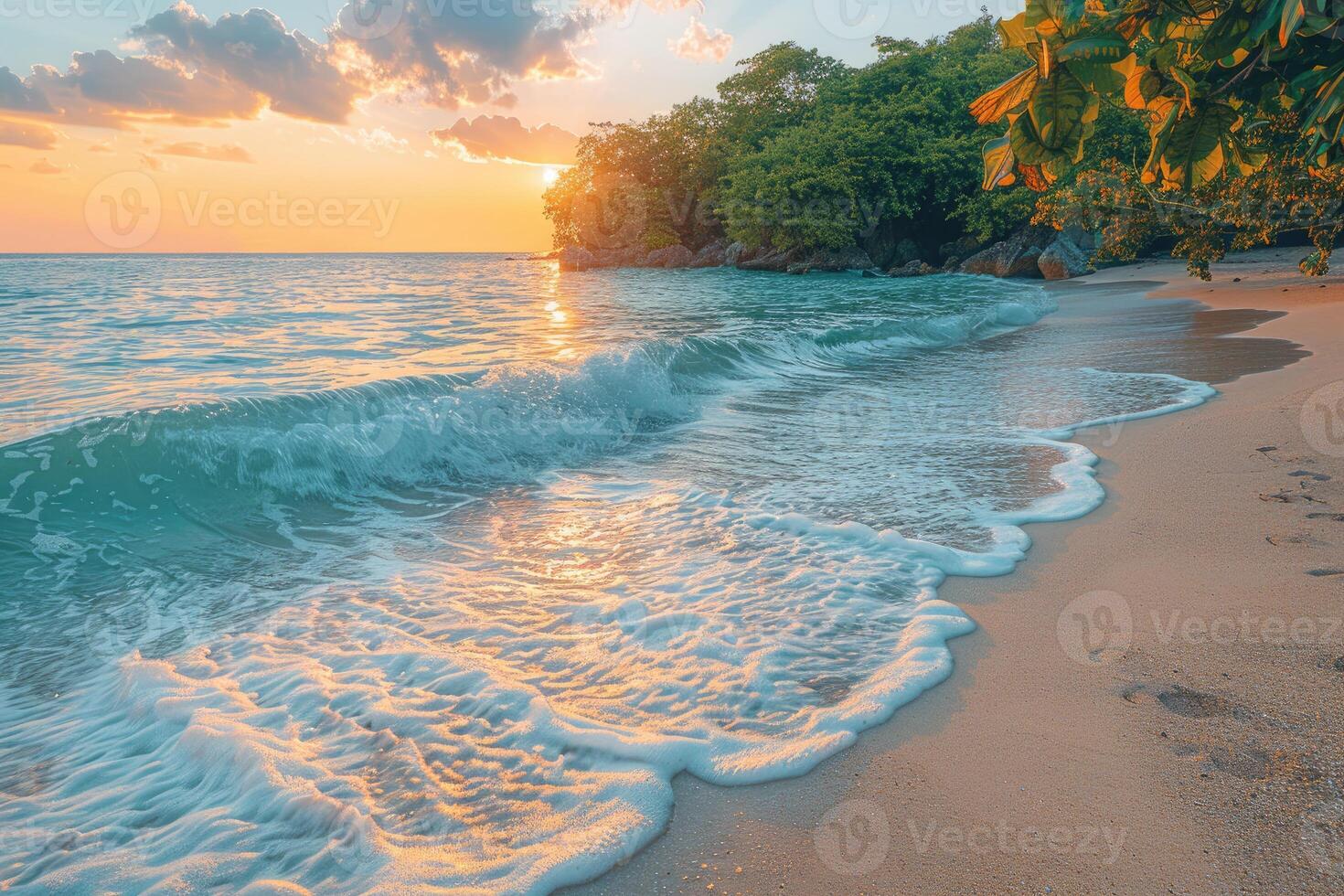 ai gerado lindo tropical pôr do sol em oceano de praia profissional fotografia foto