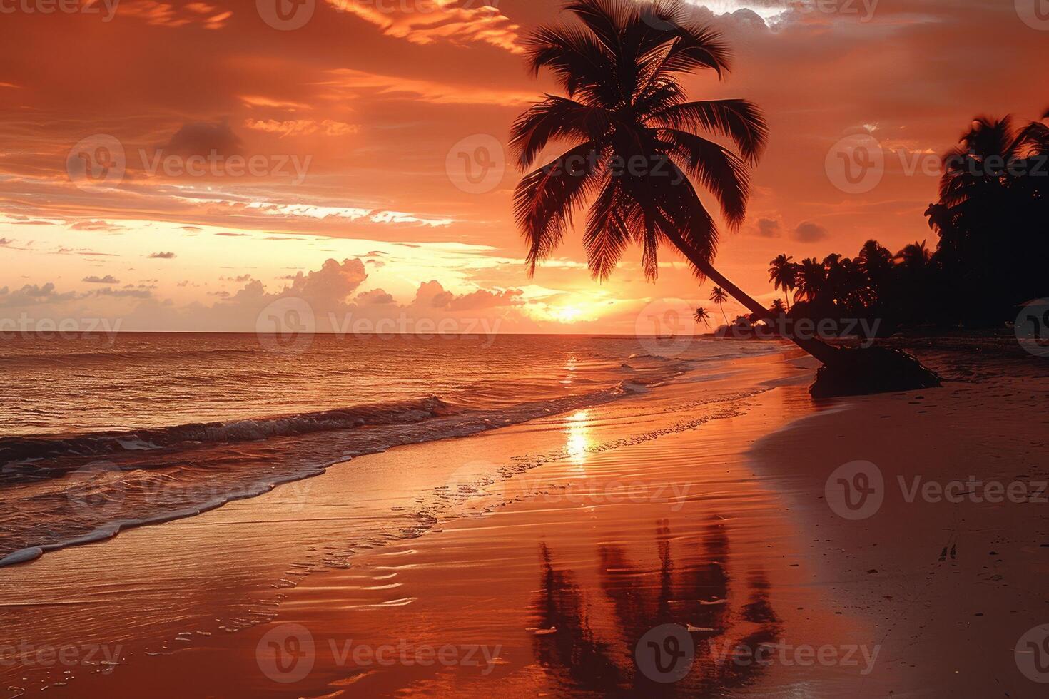 ai gerado lindo tropical pôr do sol em oceano de praia profissional fotografia foto