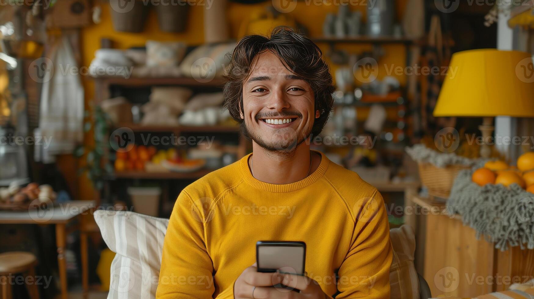 ai gerado feliz indiano masculino segurando Smartphone encomenda on-line, fazer Móvel bancário pagamento, usando publicidade inscrição em celular. foto