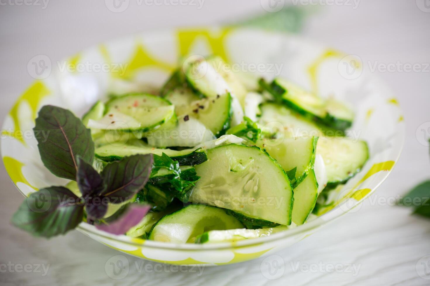 fresco orgânico pepino salada com ervas e manjericão dentro uma prato foto