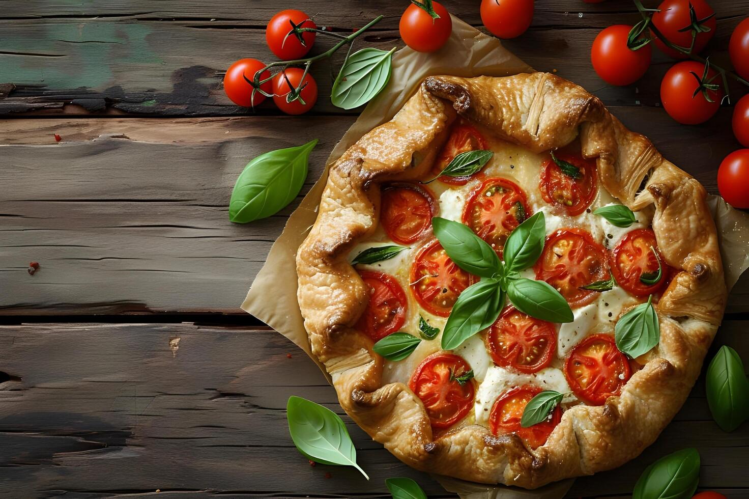 ai gerado rústico Escovar deleite Galette fresco a partir de a forno com tomates, mussarela, e manjericão foto