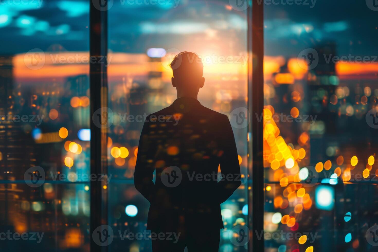 ai gerado homem de negocios contemplando paisagem urbana a partir de arranha-céus construção foto