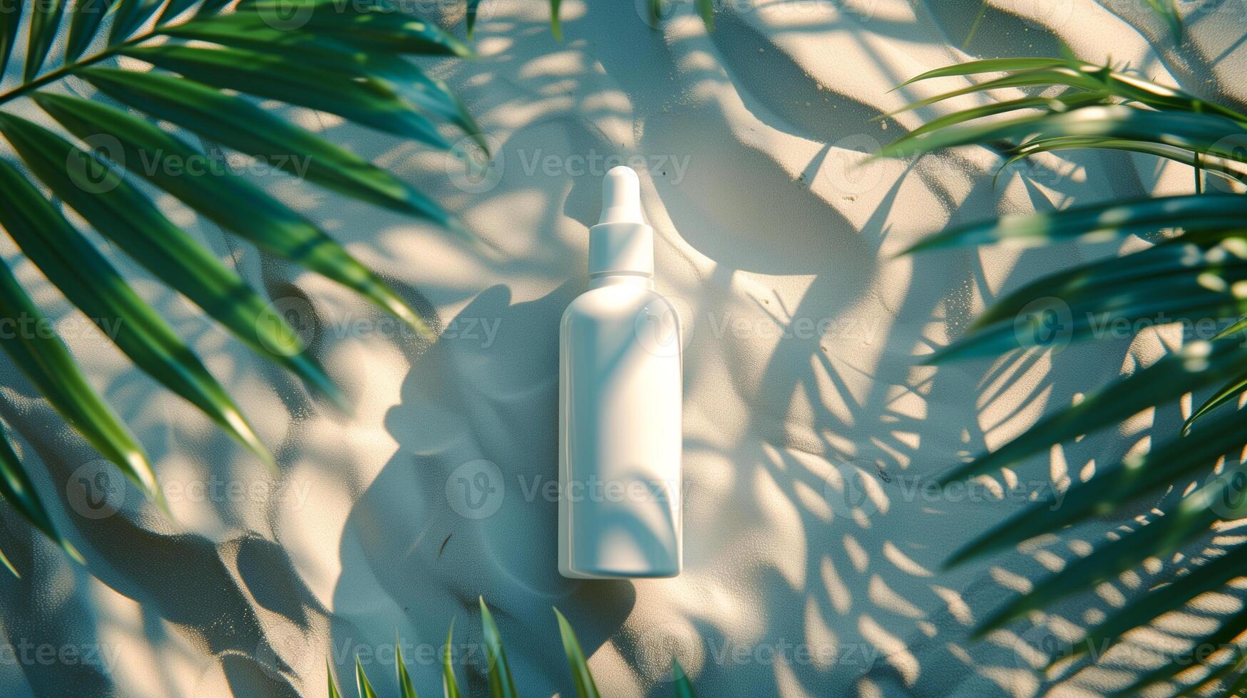 ai gerado em branco branco garrafa Cosmético cuidados com a pele Maquiagem containers para produtos apresentação em branco areia de praia foto