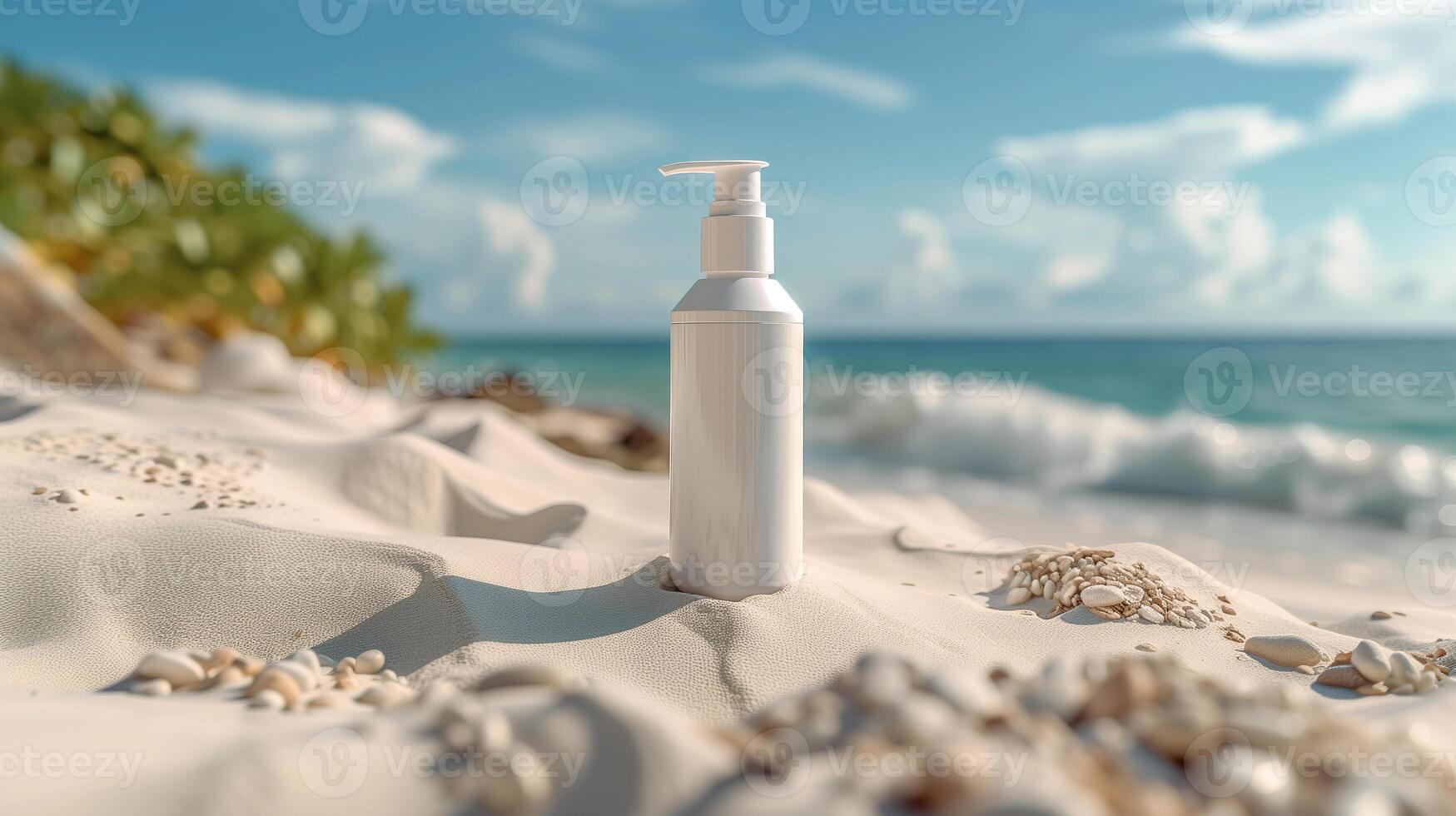 ai gerado em branco branco garrafa Cosmético cuidados com a pele Maquiagem containers para produtos apresentação em branco areia de praia foto