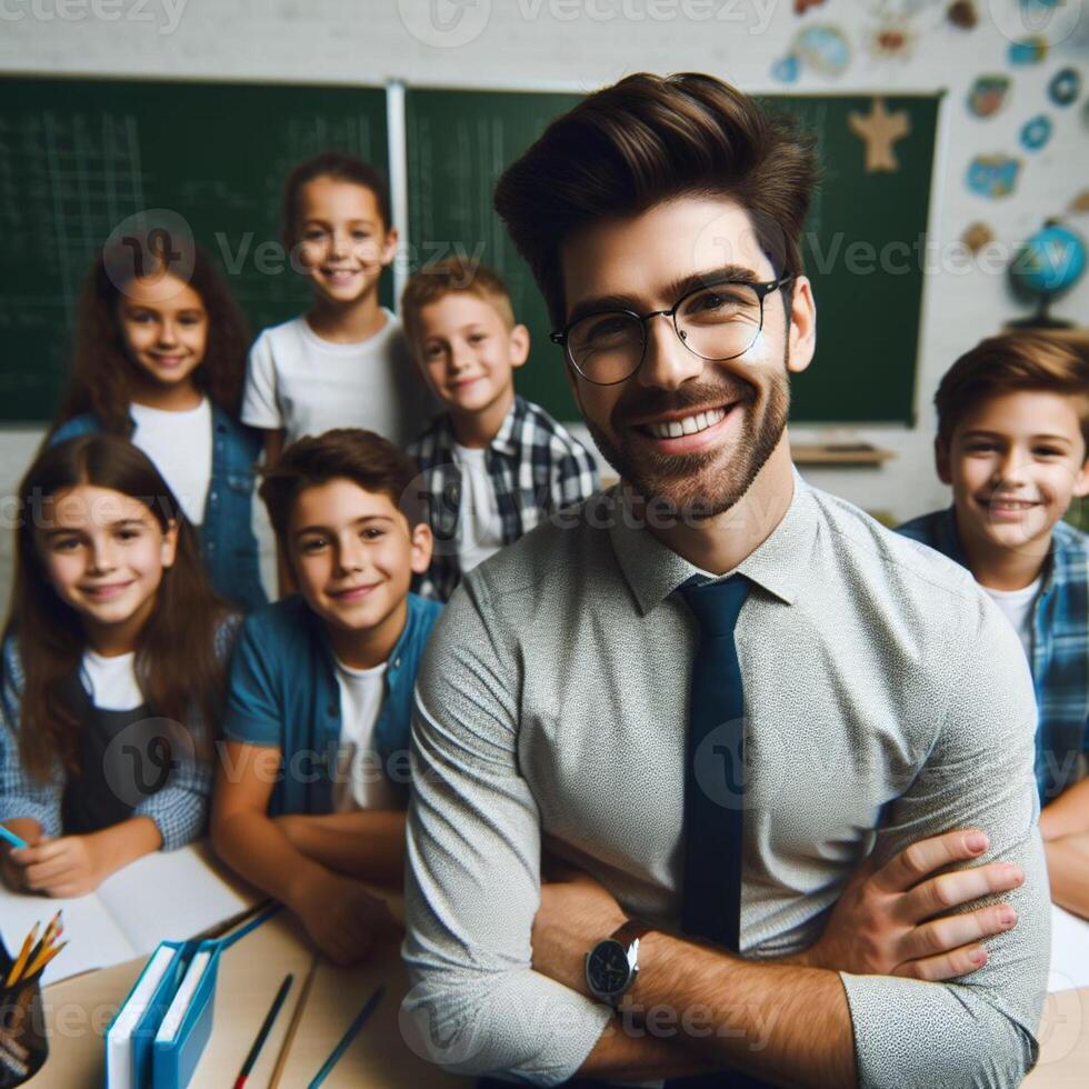 ai gerado bonito masculino professor professor com alunos posando para sessão de fotos