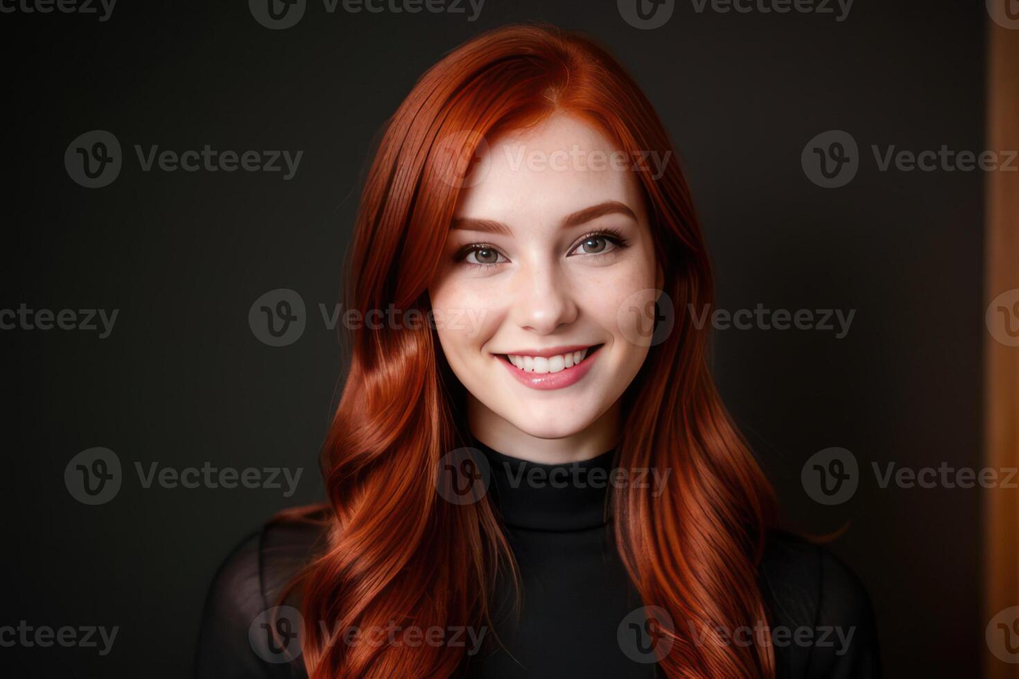 ai gerado retrato lindo ruiva modelo mulher com branco dentes sorriso, saudável grandes cabelo e beleza pele em Sombrio fundo. conceito do publicidade dentista e facial Cuidado. generativo ai foto