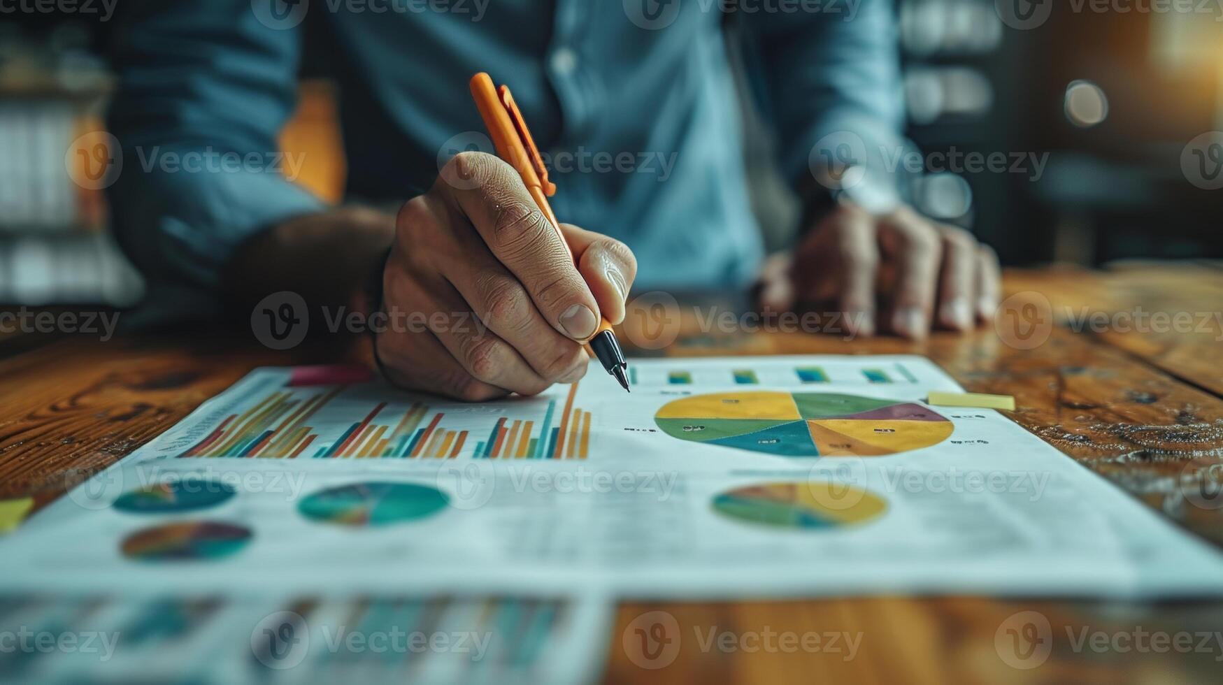 ai gerado a equipe do o negócio consultores é analisando o negócio planos para lucro e estabilidade. o negócio homem detém uma caneta. foto