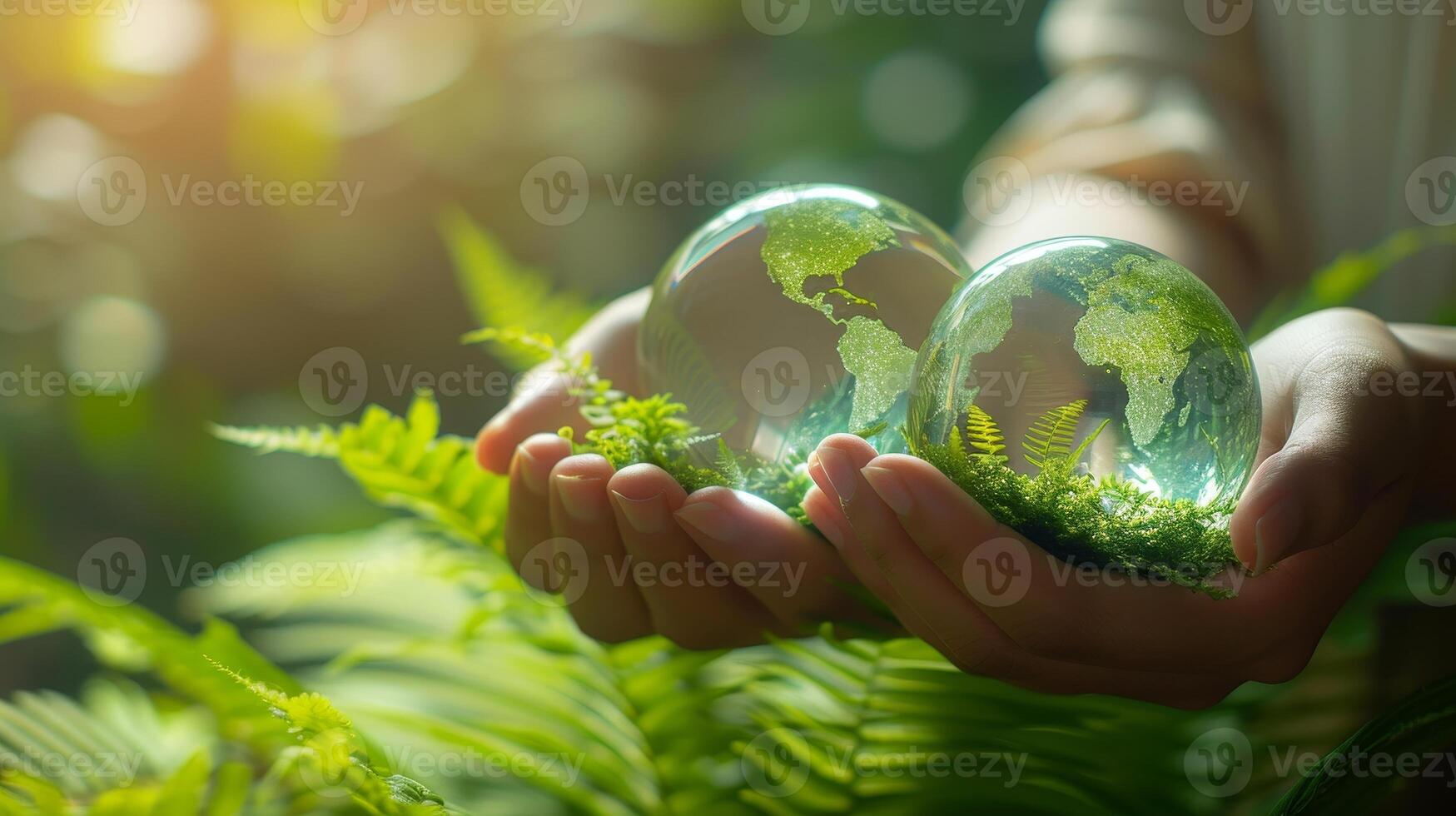 ai gerado mãos segurando global comunicação redes com de Meio Ambiente ícone em uma verde fundo. conceito para sustentável desenvolvimento metas , sdgs. foto