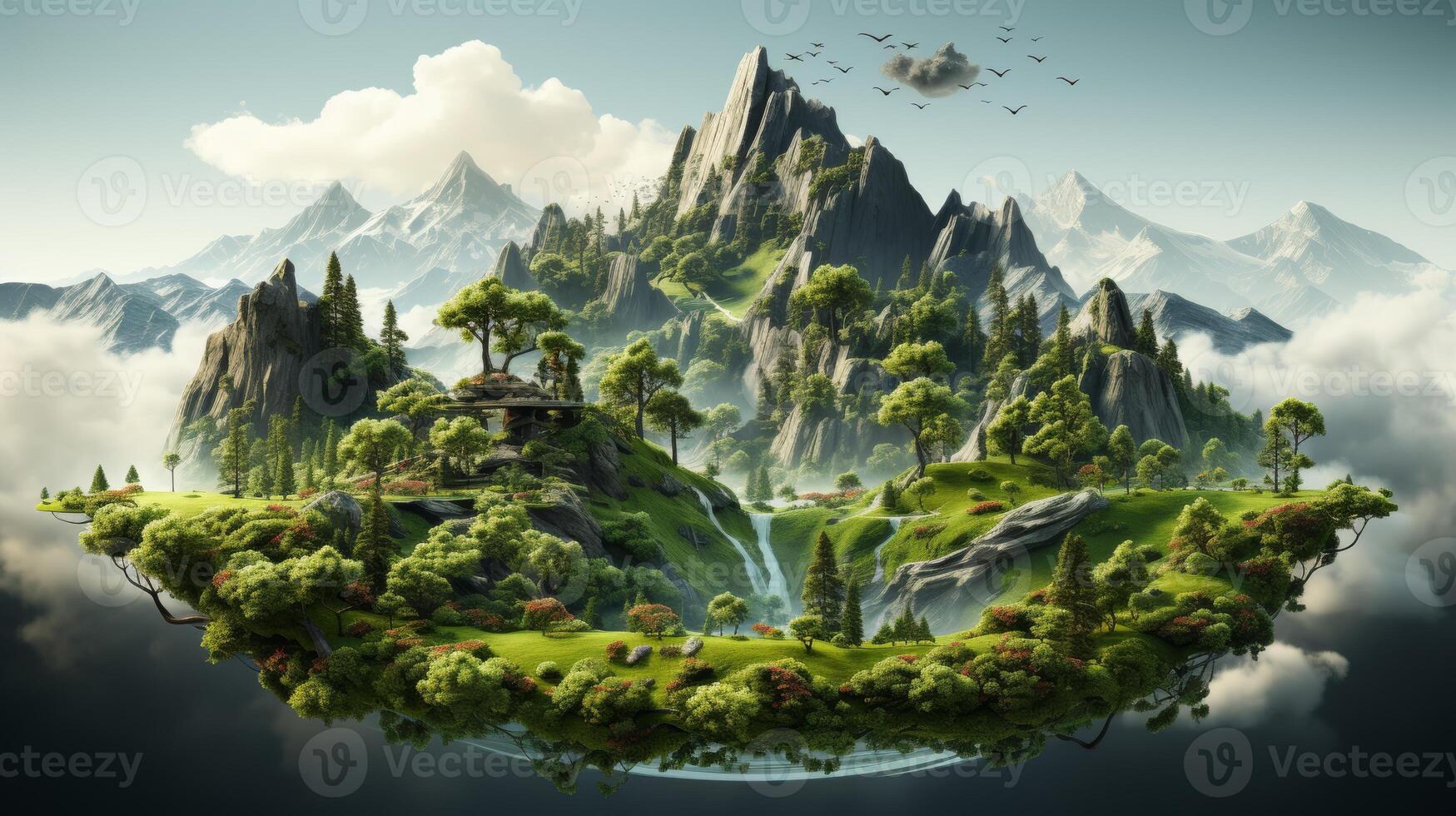 ai gerado uma 3d ilustração do uma flutuando ilha com montanhas, árvores, e animais em verde Relva e montanhas, isolado contra uma branco fundo. foto