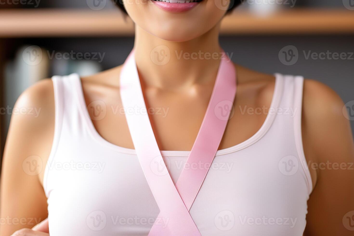 ai gerado uma fechar-se do uma Rosa e bege fita em uma mulher peito dentro Apoio, suporte do a causas do seio Câncer. foto