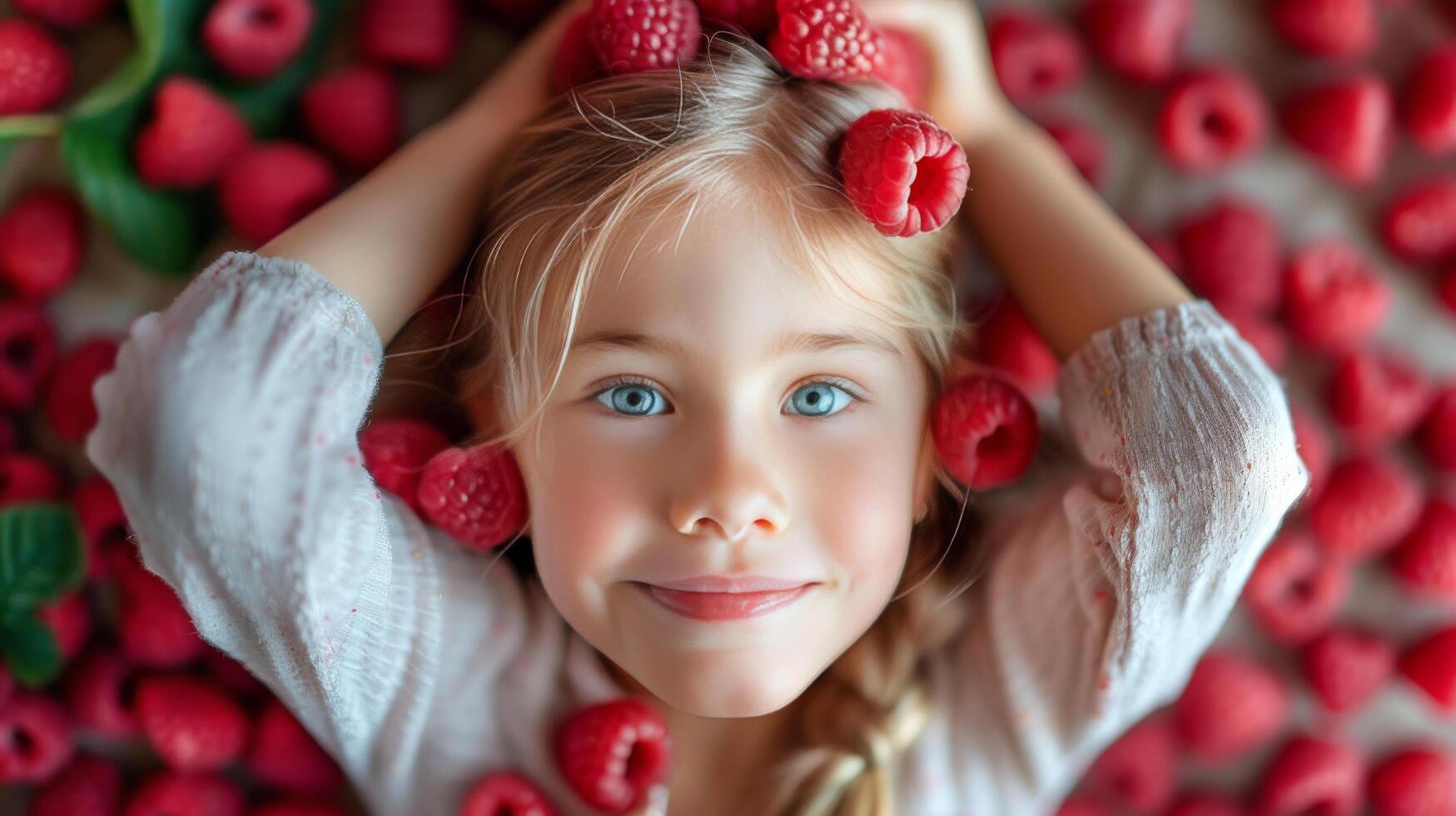 ai gerado lindo fechar-se fotografia do uma 10 anos de idade menina alongamento dela braços frente com Palmeiras cheio do brilhante vermelho suculento framboesas foto