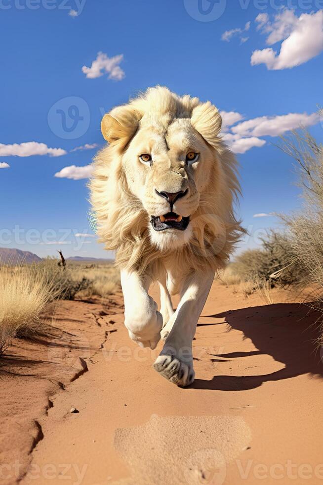 ai gerado masculino leão corrida dentro a deserto, África, ai gerado foto