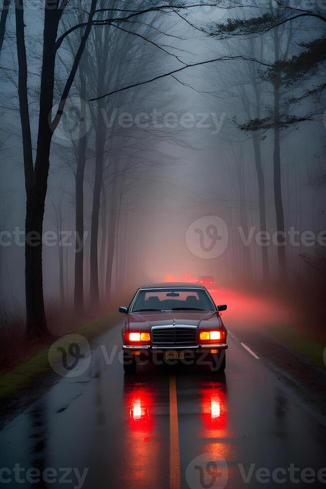 ai gerado uma carro com vermelho luzes é dirigindo baixa uma nebuloso estrada às noite. ai generativo foto
