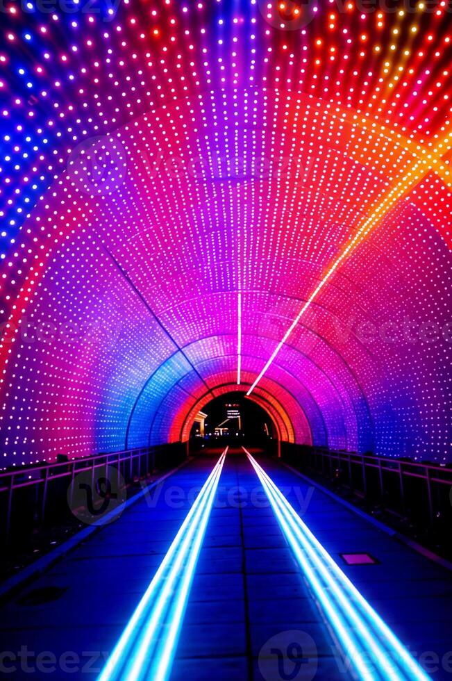 ai gerado uma túnel com uma em forma de coração néon luz às a fim, cercado de uma circular néon quadro. ai generativo foto