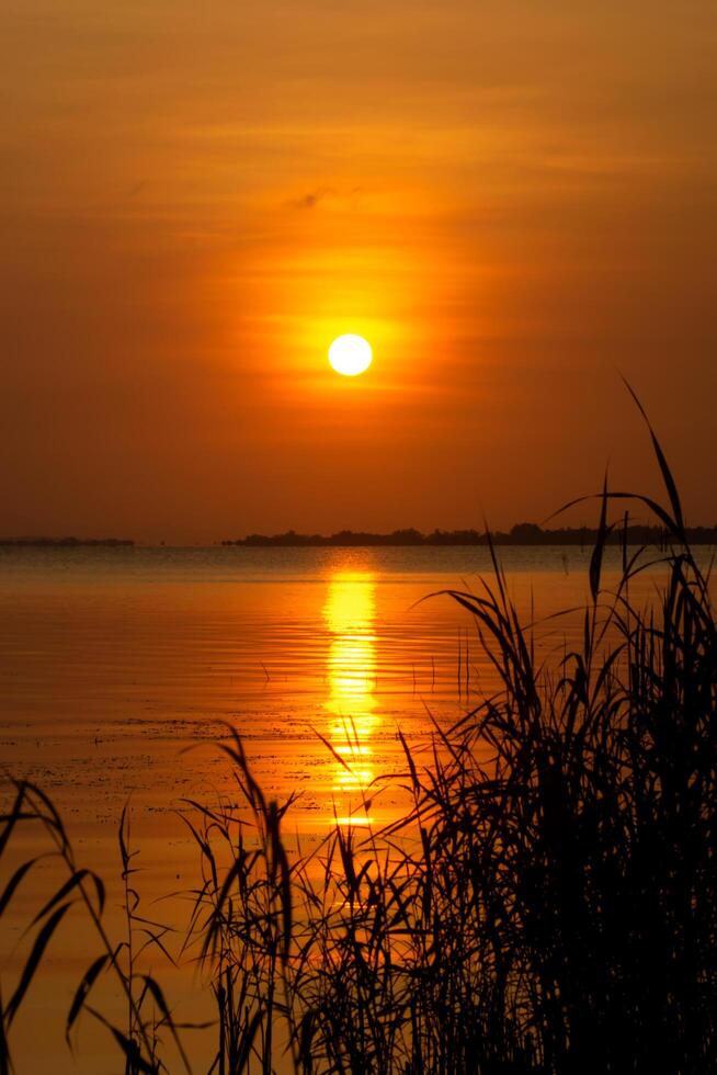 pôr do sol céu em a lago foto