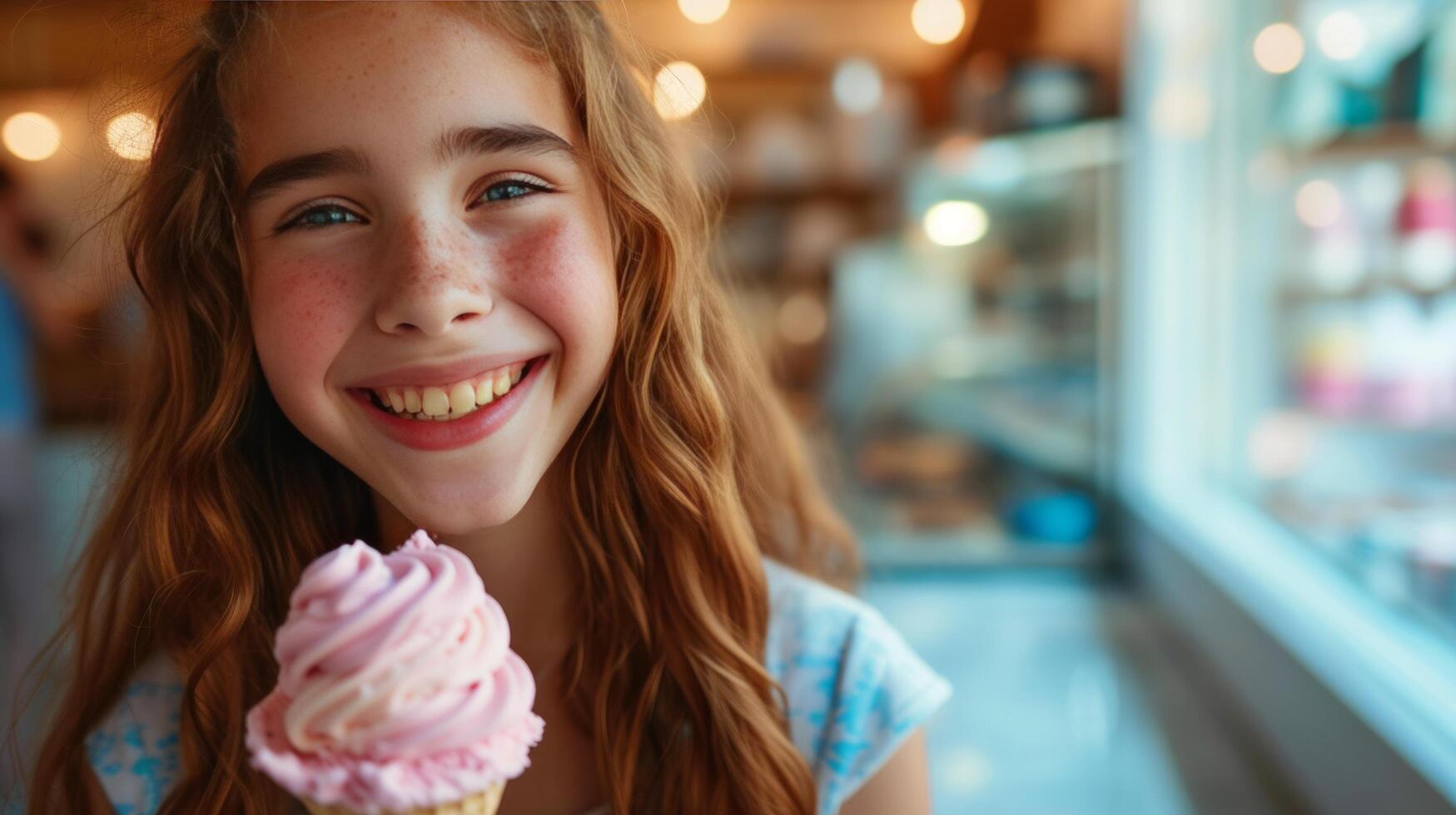 ai gerado uma Deleitado menina com uma colher do gelo creme, dela infeccioso sorrir iluminação acima a quadro, Armação foto