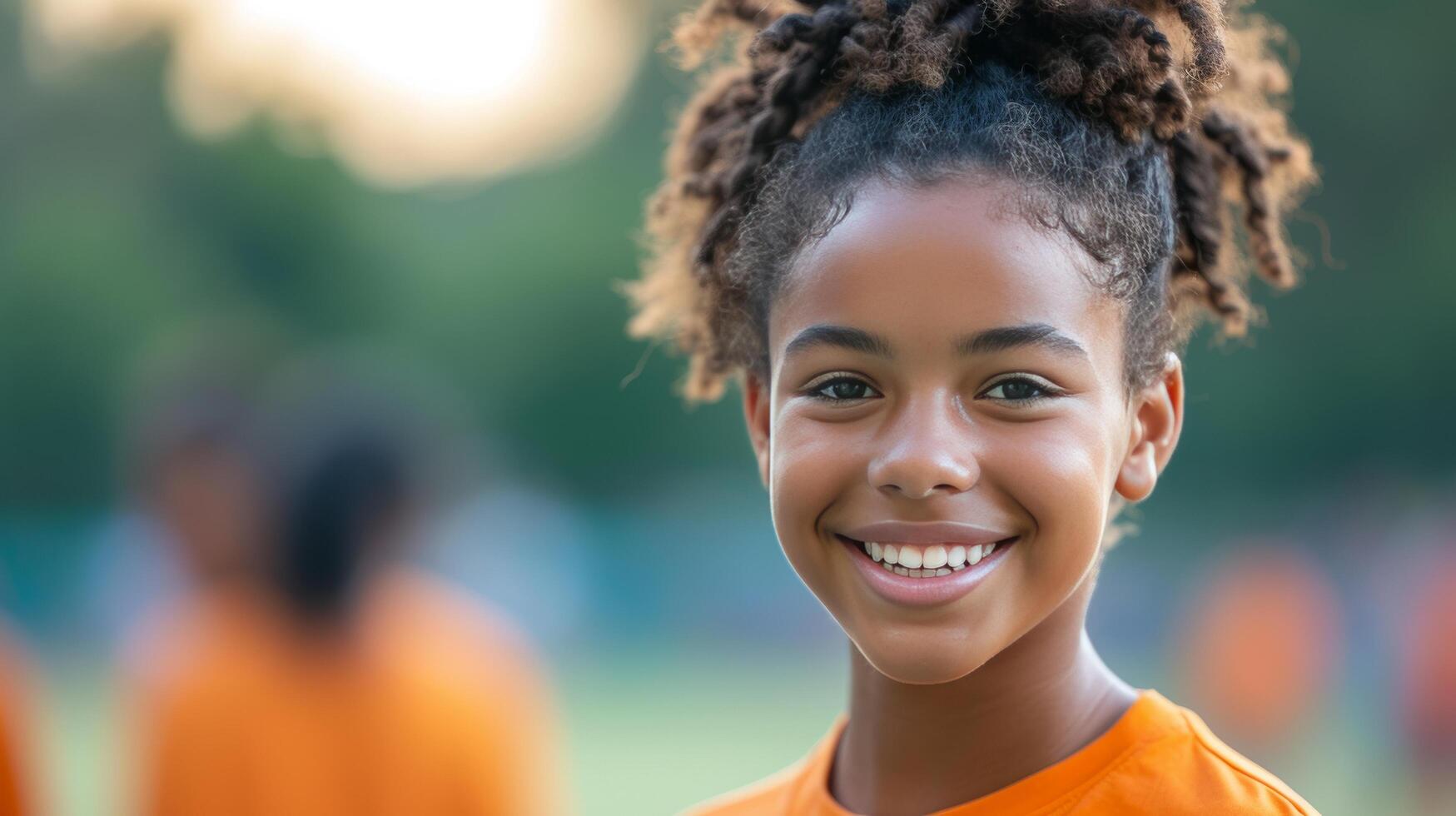 ai gerado uma jovem de atleta sorrir espelhos seus dedicação para Esportes e alcançar pico desempenho foto