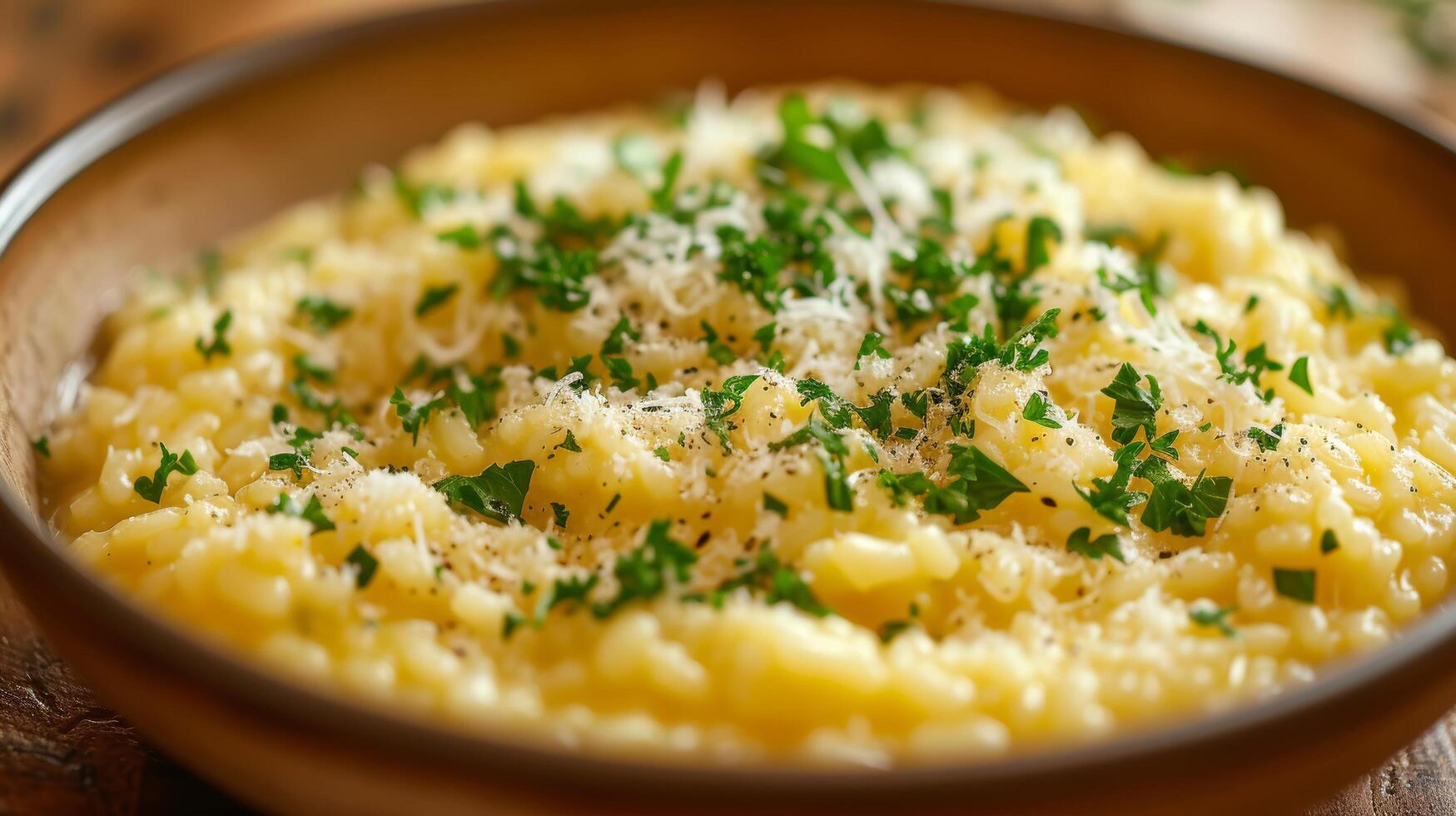 ai gerado cremoso com infusão de açafrão risoto, uma assinatura prato a partir de Milão, enfeitado com parmesão queijo foto