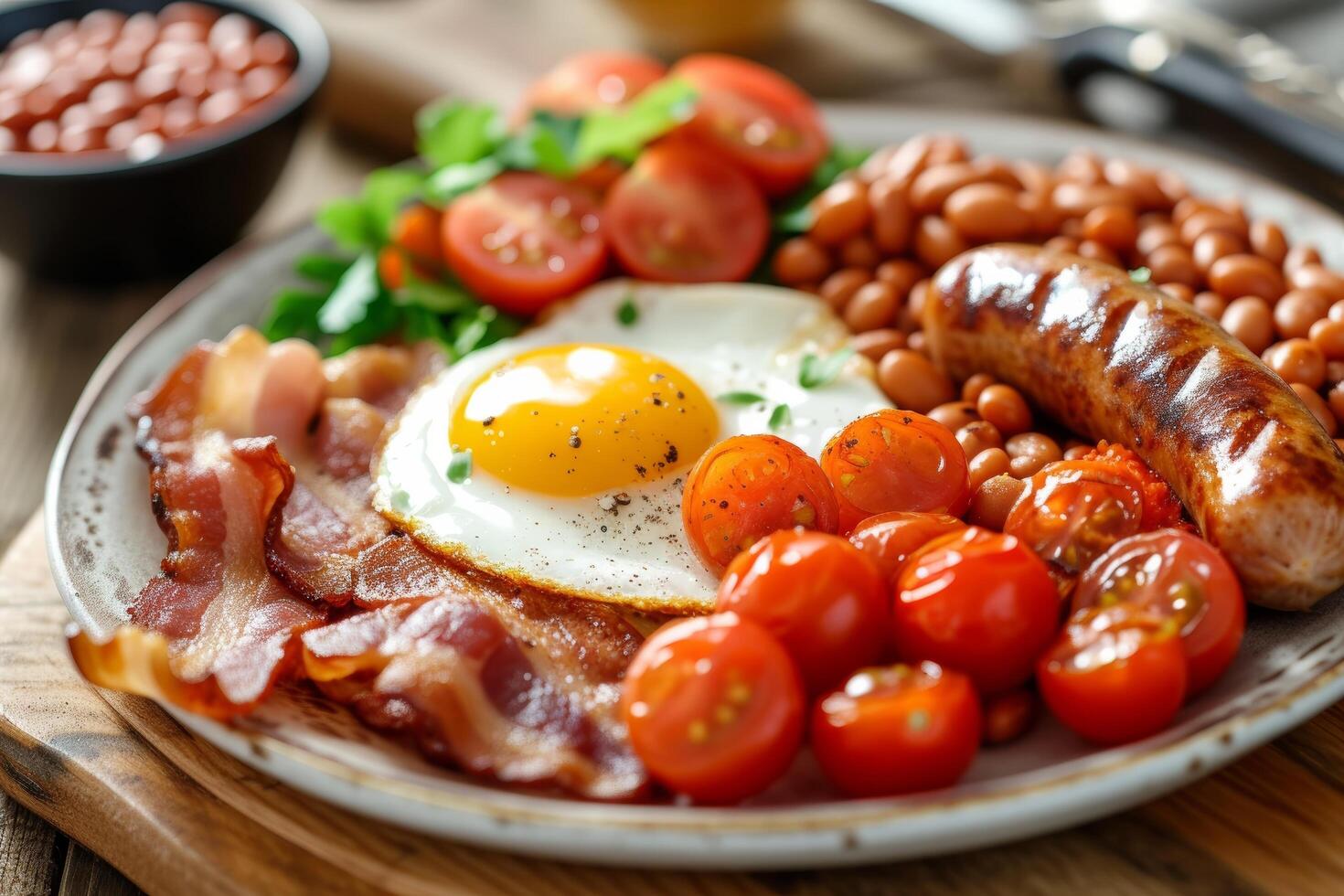 ai gerado uma tradicional Inglês café da manhã. frito ovos, bacon, salsichas, tomates, e cozido feijões. foto