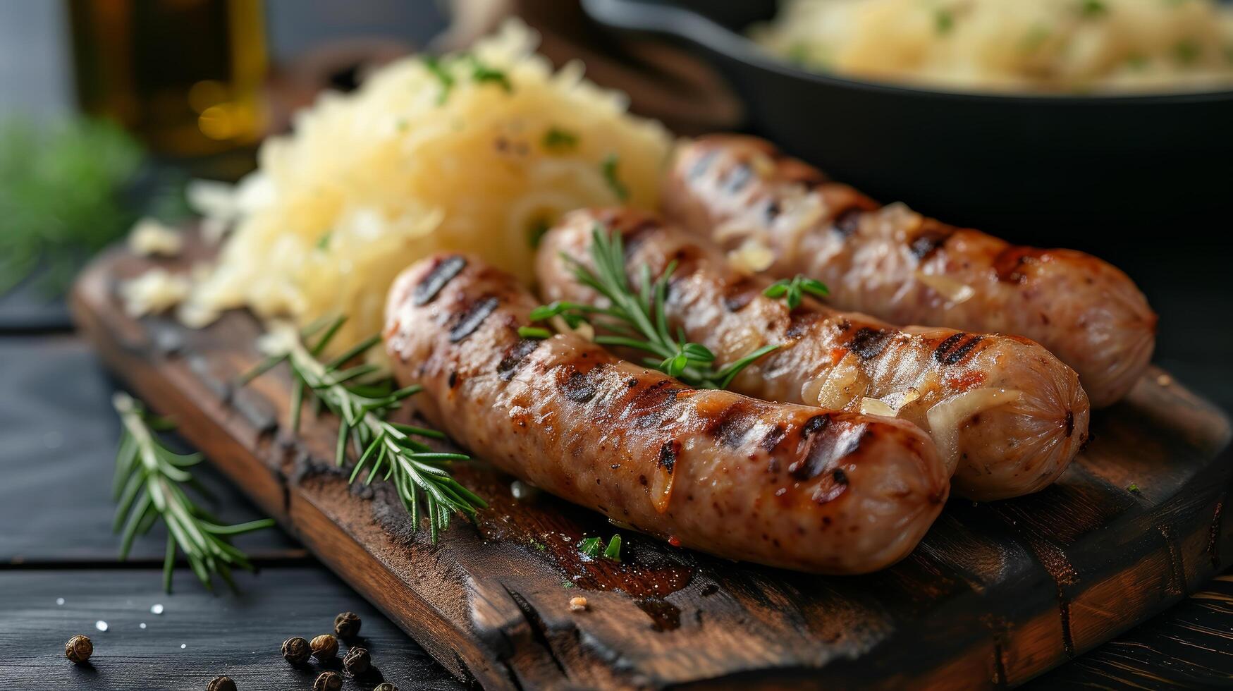 ai gerado grelhado salsichas servido com picante Chucrute, uma grampo do alemão cozinha. foto