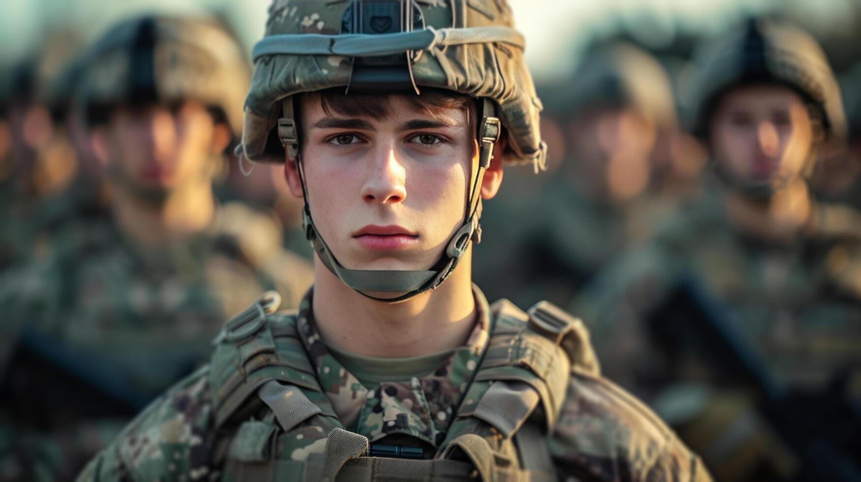 ai gerado uma masculino soldado vestindo cheio militares uniforme e uma capacete foto