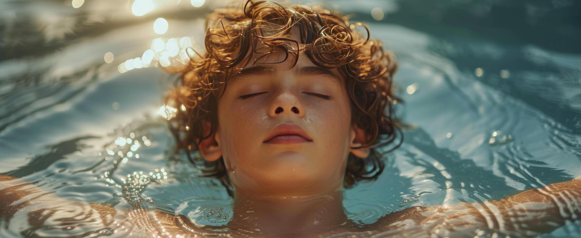 ai gerado uma jovem Garoto com encaracolado cabelo dentro uma natação piscina foto