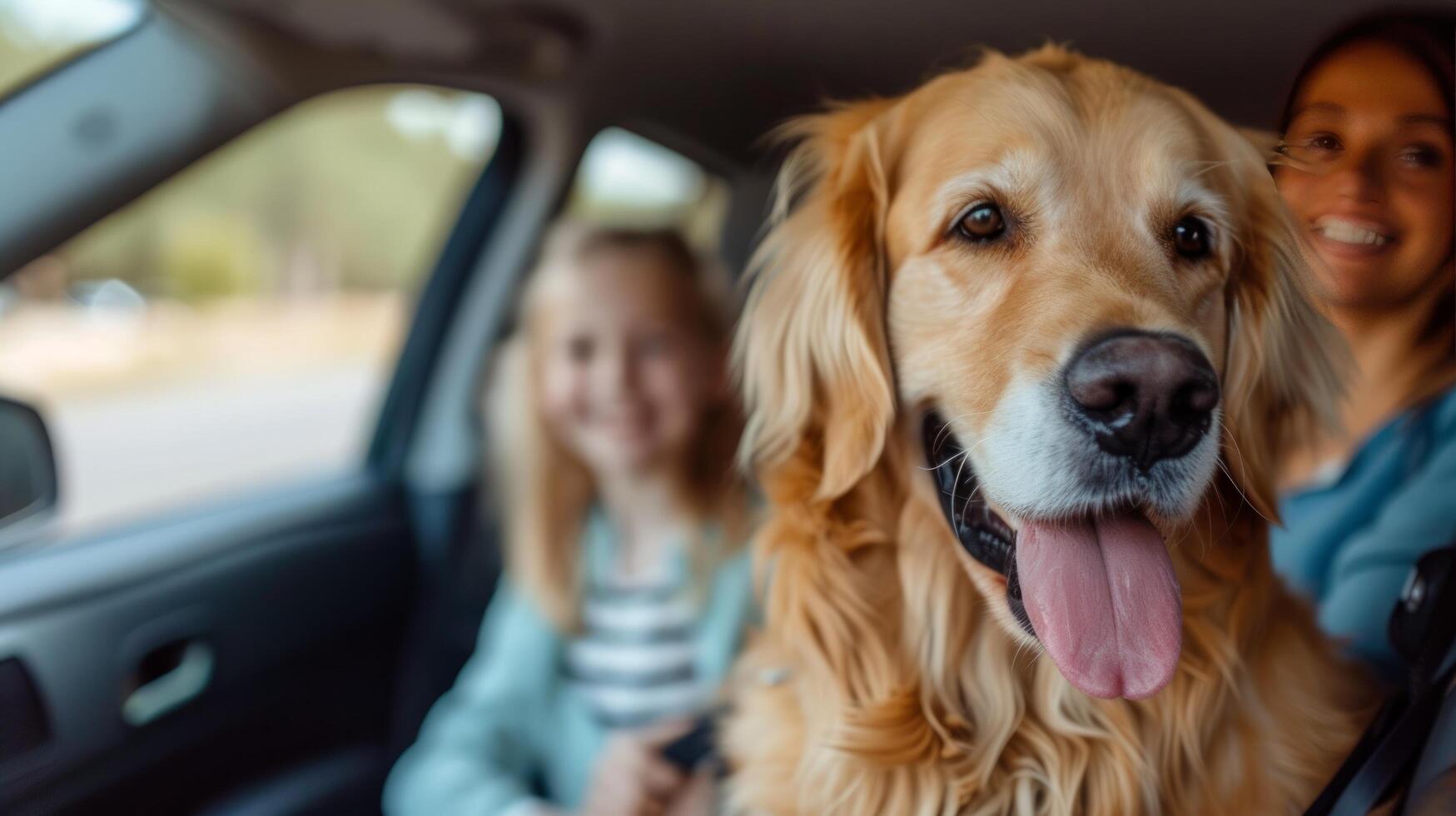 ai gerado uma jovem lindo família é sentado dentro uma carro com seus fofo dourado retriever cachorro foto