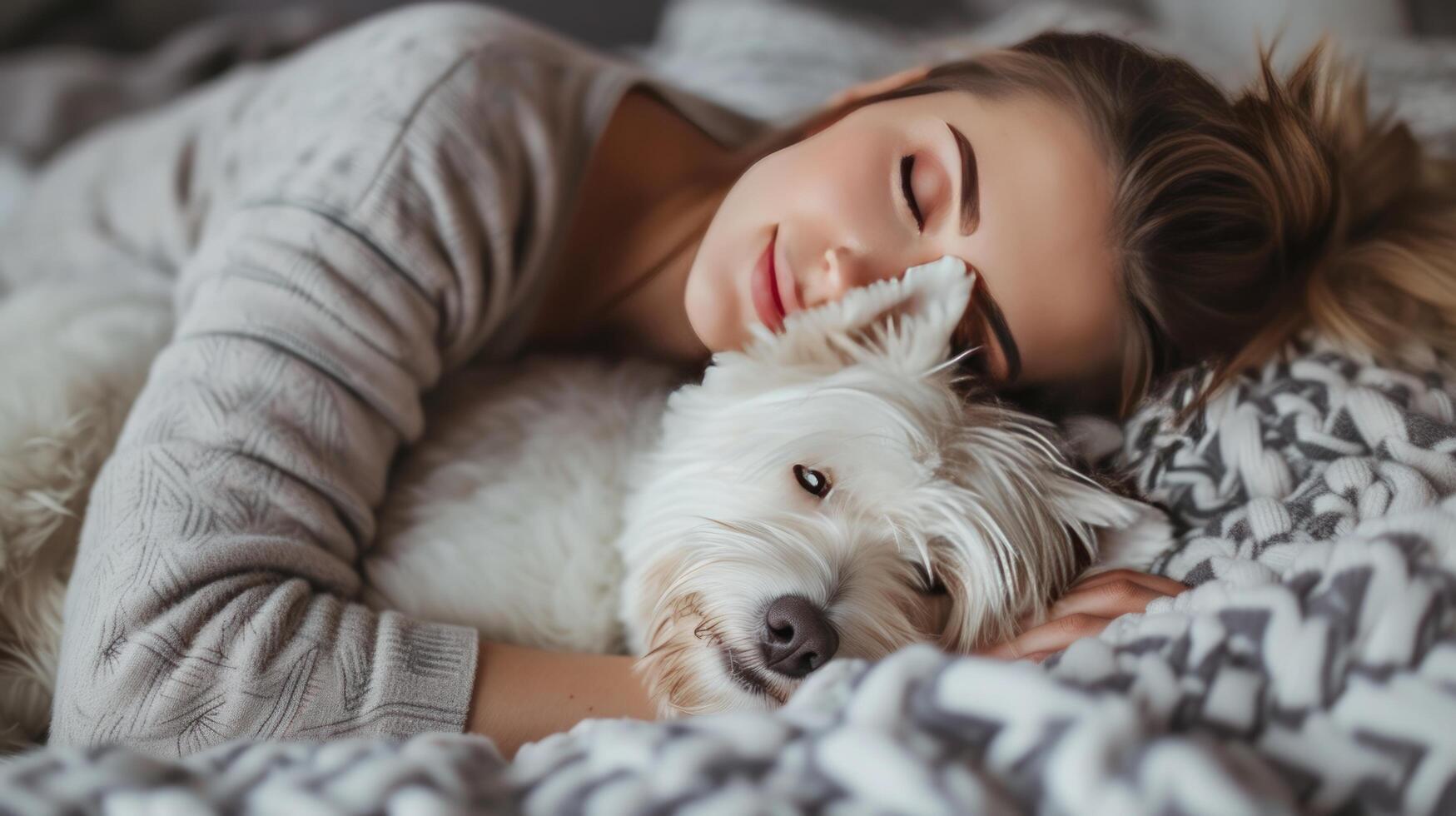 ai gerado uma mulher dentro pijamas mentiras dentro cama. uma branco cachorro mentiras Próximo para dela foto