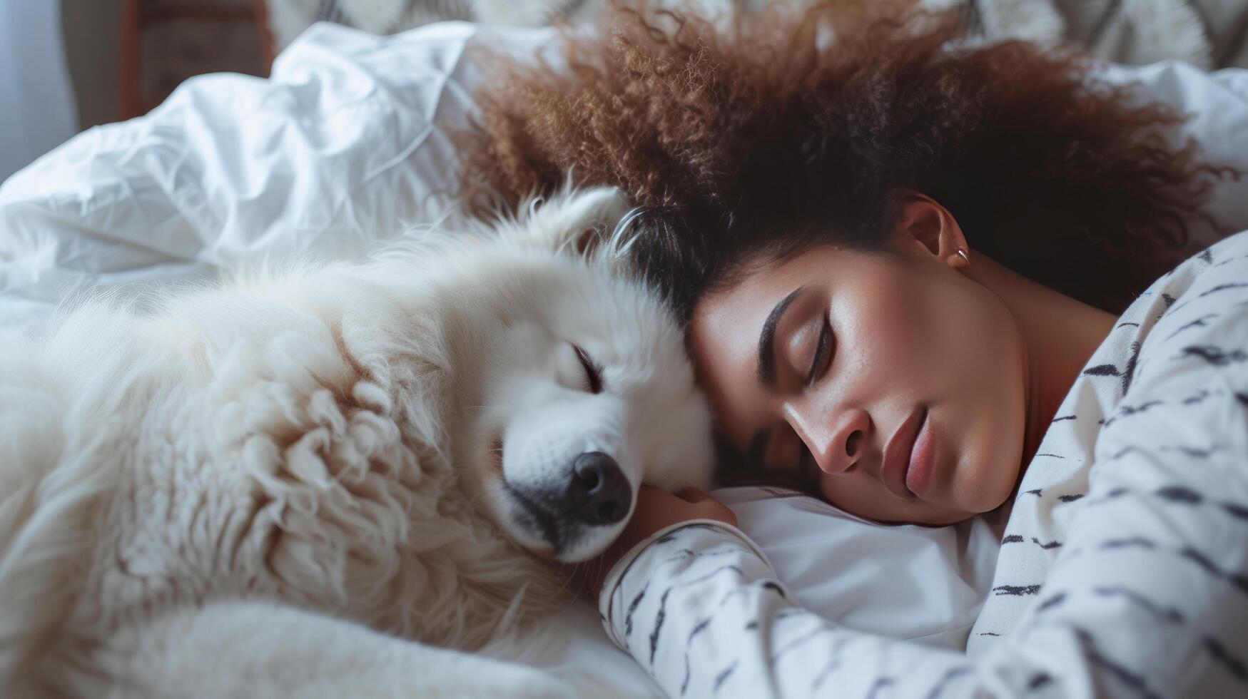 ai gerado uma mulher dentro pijamas mentiras dentro cama. uma branco cachorro mentiras Próximo para dela foto