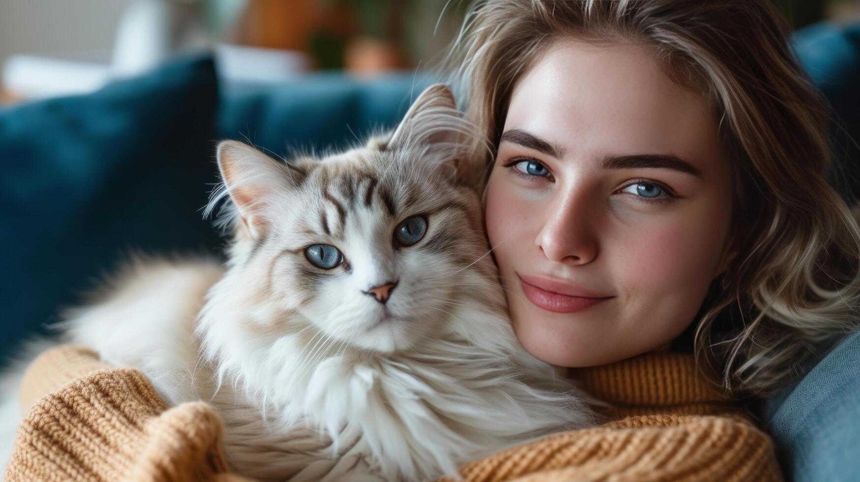 ai gerado uma jovem mulher é sentado em uma lindo Sombrio azul sofá. uma ampla branco fofo gato mentiras em dela colo foto