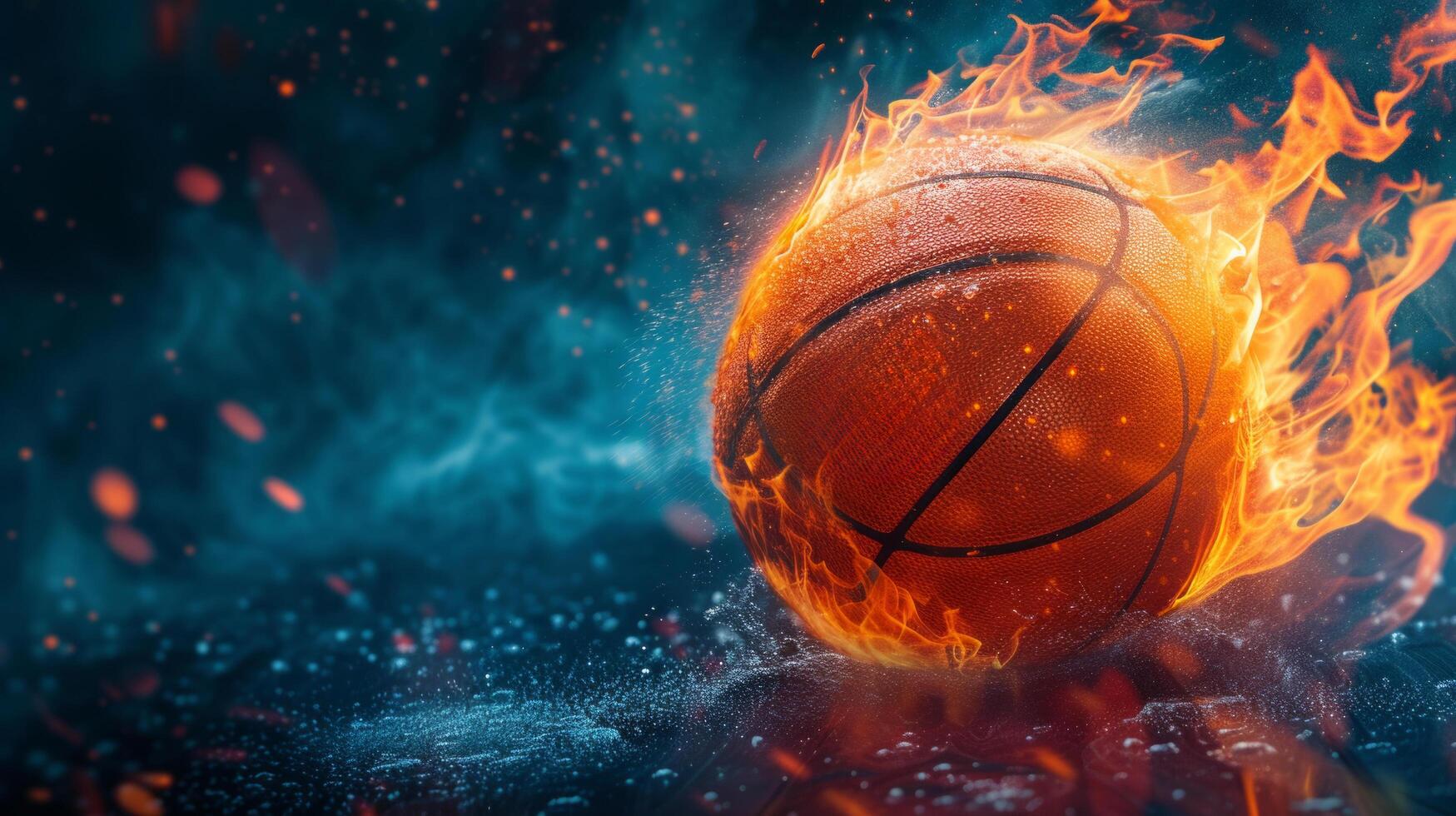 ai gerado uma basquetebol bola em fogo em uma Preto fundo em a certo foto