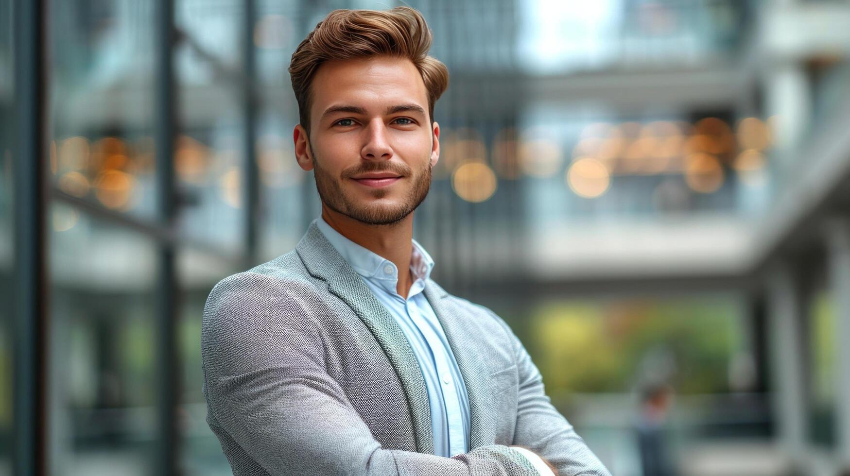 ai gerado jovem bonito homem de negocios olhando às a Câmera e sorridente contra a fundo do uma borrado o negócio Centro foto