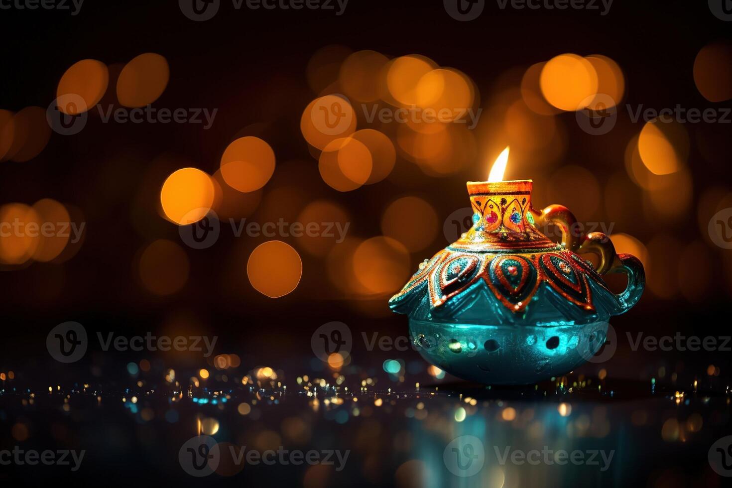 ai gerado colorida diya lâmpadas aceso durante diwali celebração foto