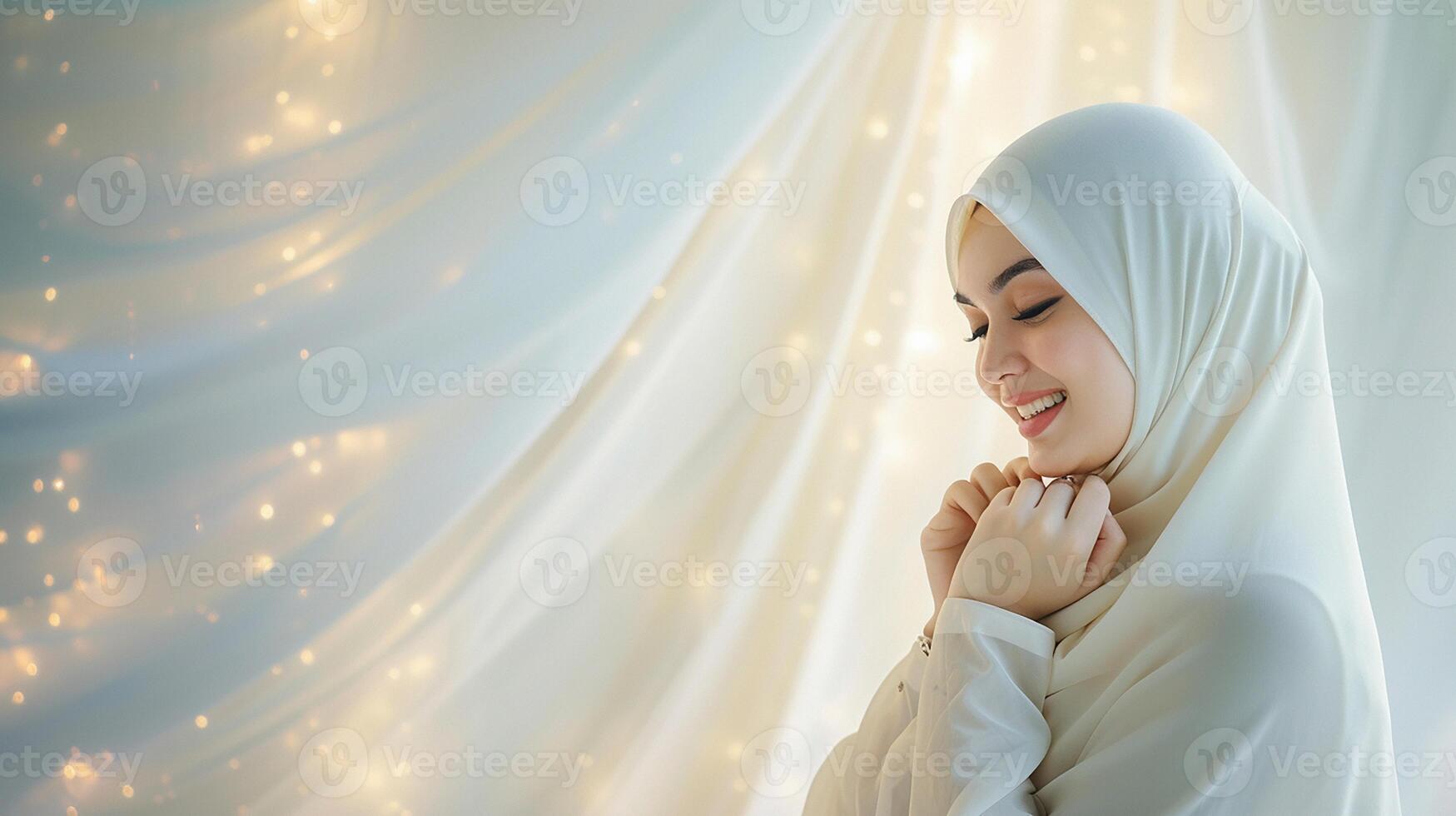 ai gerado lindo hijab vestindo mulher dentro uma festivo Ramadã temático sessão de fotos, exibindo elegante islâmico vestuário e feliz poses dentro uma caloroso e convidativo estúdio configuração foto