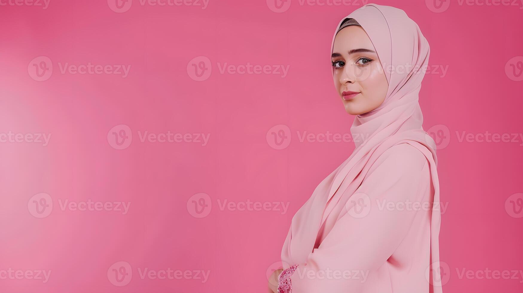 ai gerado lindo usando hijab mulher dentro uma retrato exibindo uma em branco Rosa cor foto estúdio conceito com elegância