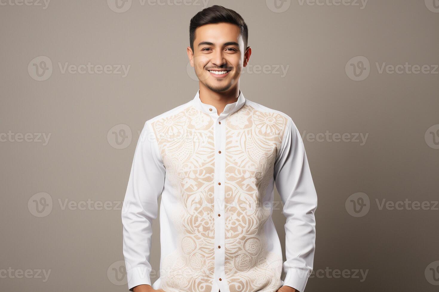 ai gerado jovem muçulmano homem em pé em uma branco fundo, adornado com tradicional balinesa motivos dentro uma felizcore estilo, capturado com a vibrante energia do prova filme foto