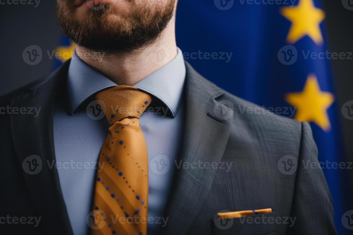 ai gerado cortada imagem do política homem dentro terno contra europeu União bandeira foto