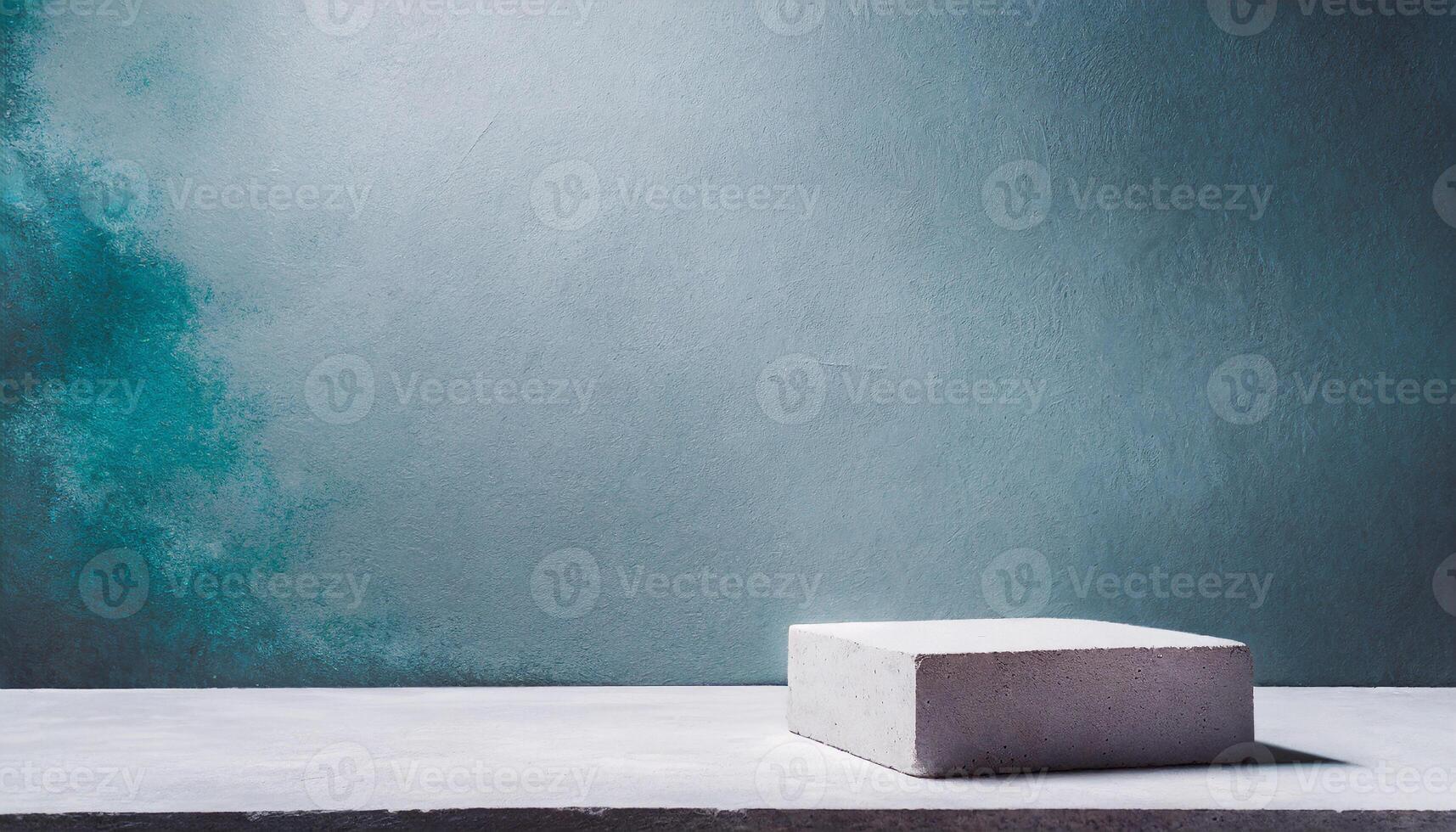 ai gerado elegante minimalista cena com uma branco pedestal concreto em uma concreto mesa contra uma texturizado azul concreto pano de fundo foto