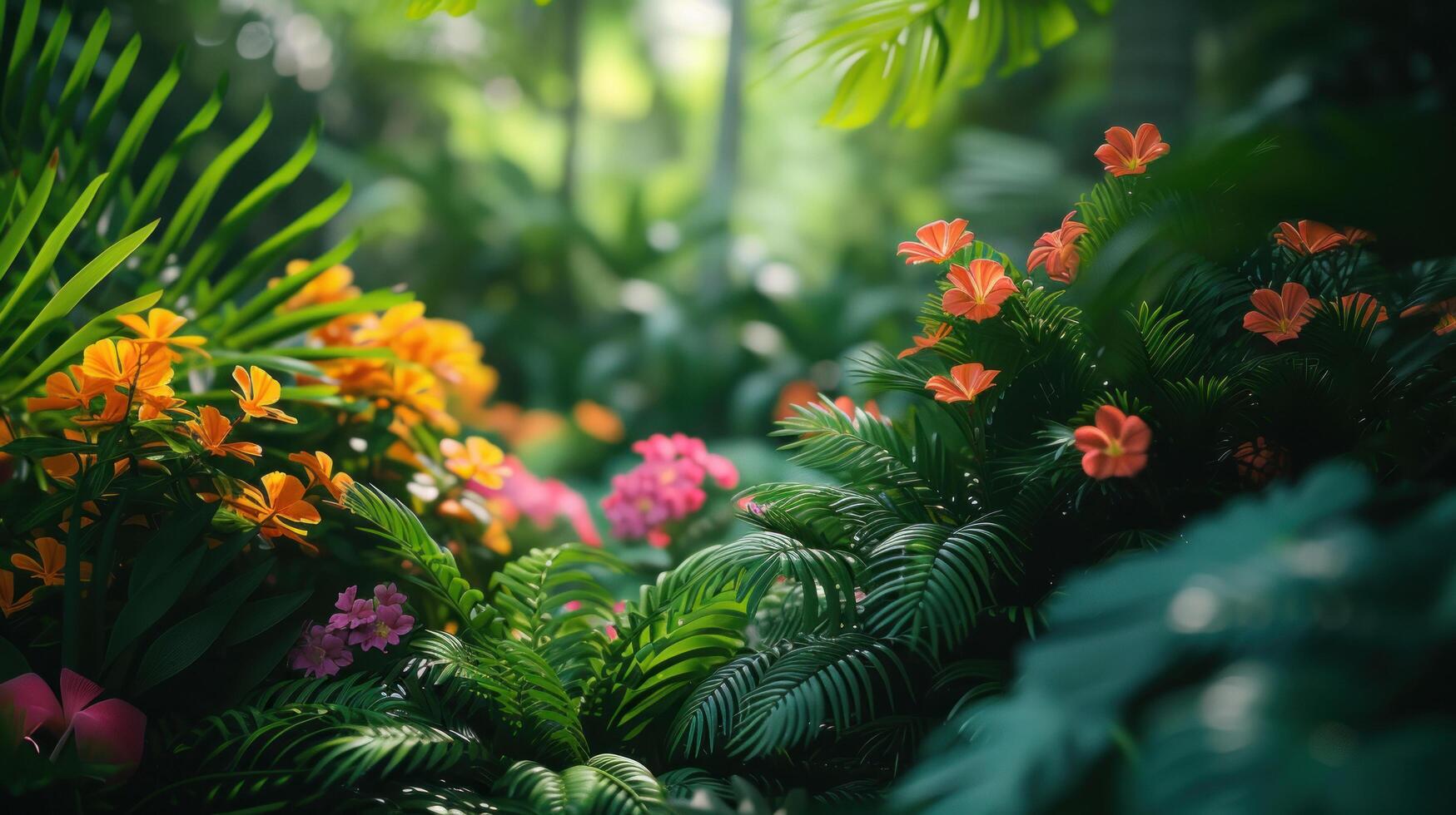 ai gerado dentro a □ Gentil manhã luz, uma exuberante tropical jardim rajadas com vibrante laranja e Rosa flores foto