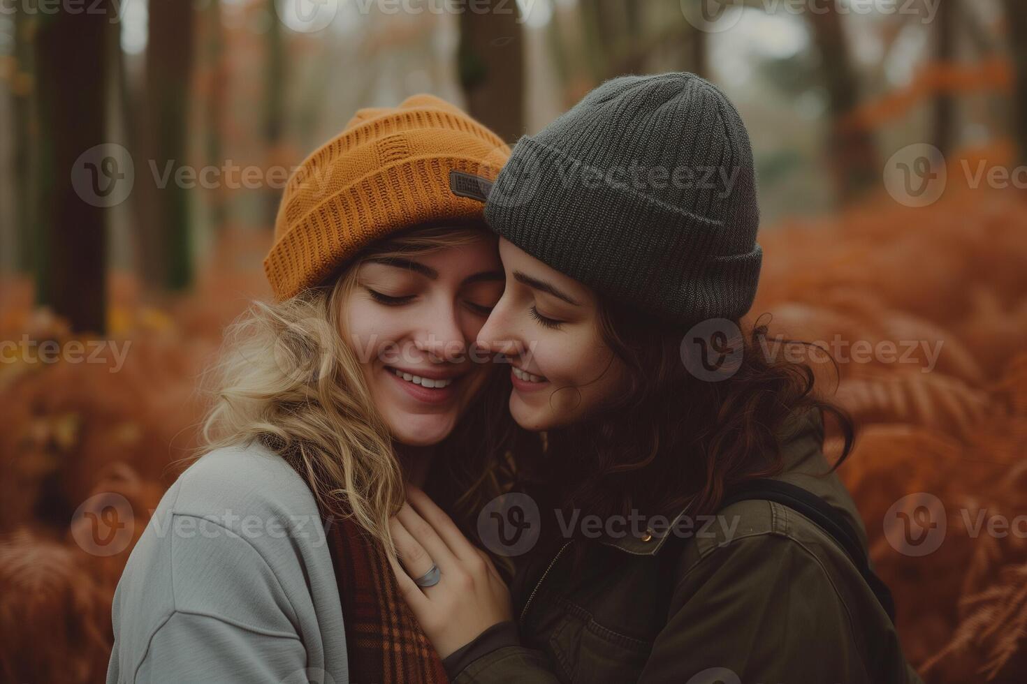 ai gerado casal do afetuoso gay mulheres dentro uma floresta. gay amor em dia dos namorados dia. lgbtq orgulho foto