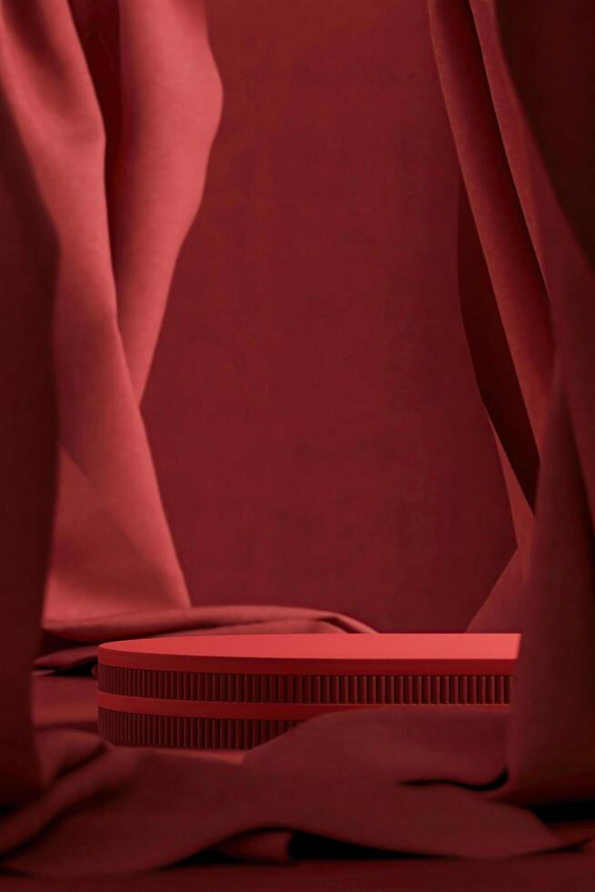 vermelho cilíndrico plataforma em vermelho veludo cortina fundo. abstrato fundo para produtos apresentação. 3d Renderização foto