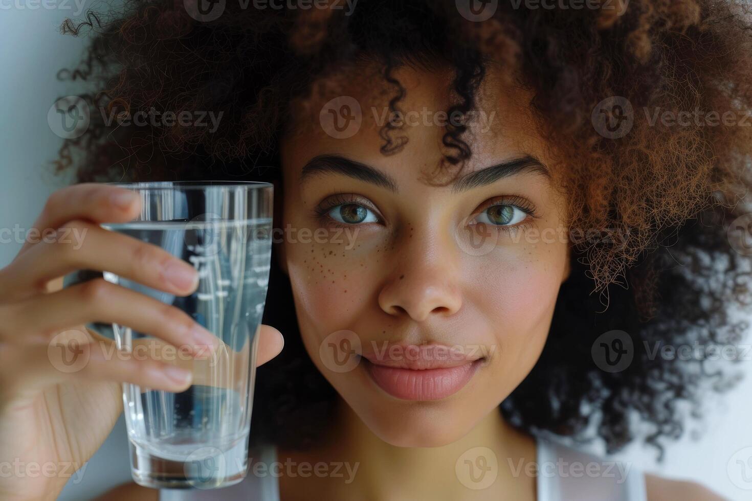 ai gerado fechar-se, jovem mulher bebendo água, mulher desfrutando uma refrescante bebida às lar, generativo ai foto