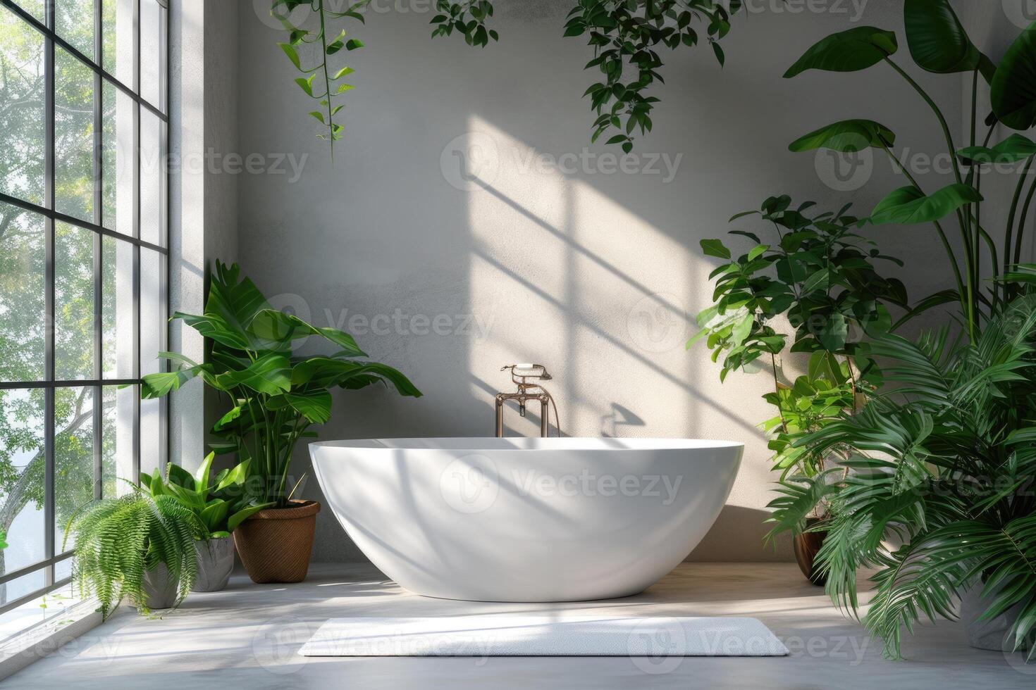 ai gerado moderno banheiro minimalista projeto, independente banheira, ecológico decoração iluminado cercado de exuberante interior plantas e banhado dentro natural luz, bem estar e tranquilidade às casa foto