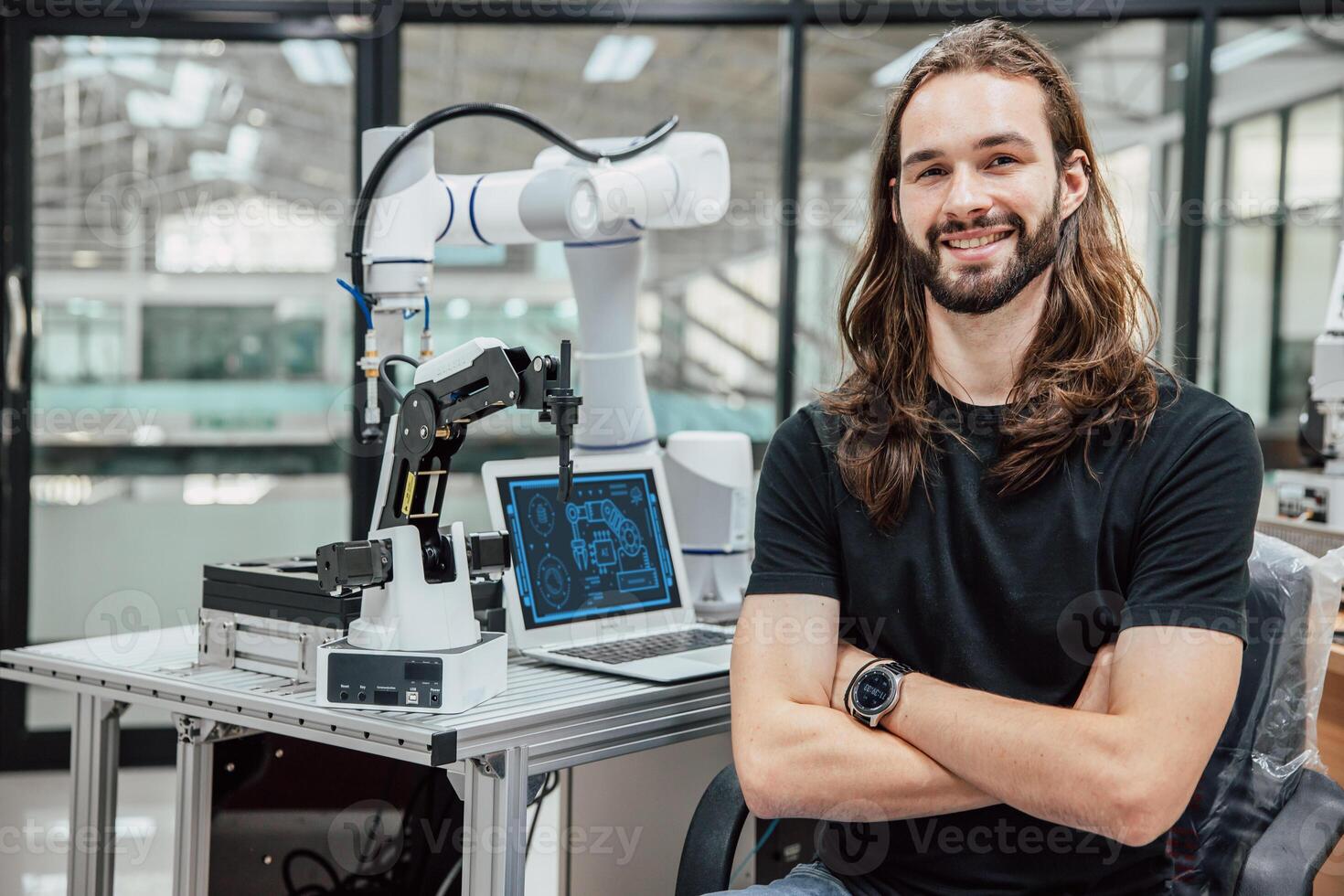 retrato robô engenheiro programador. robótico laboratório pesquisa e desenvolvimento equipe jovem adolescente pessoas. foto