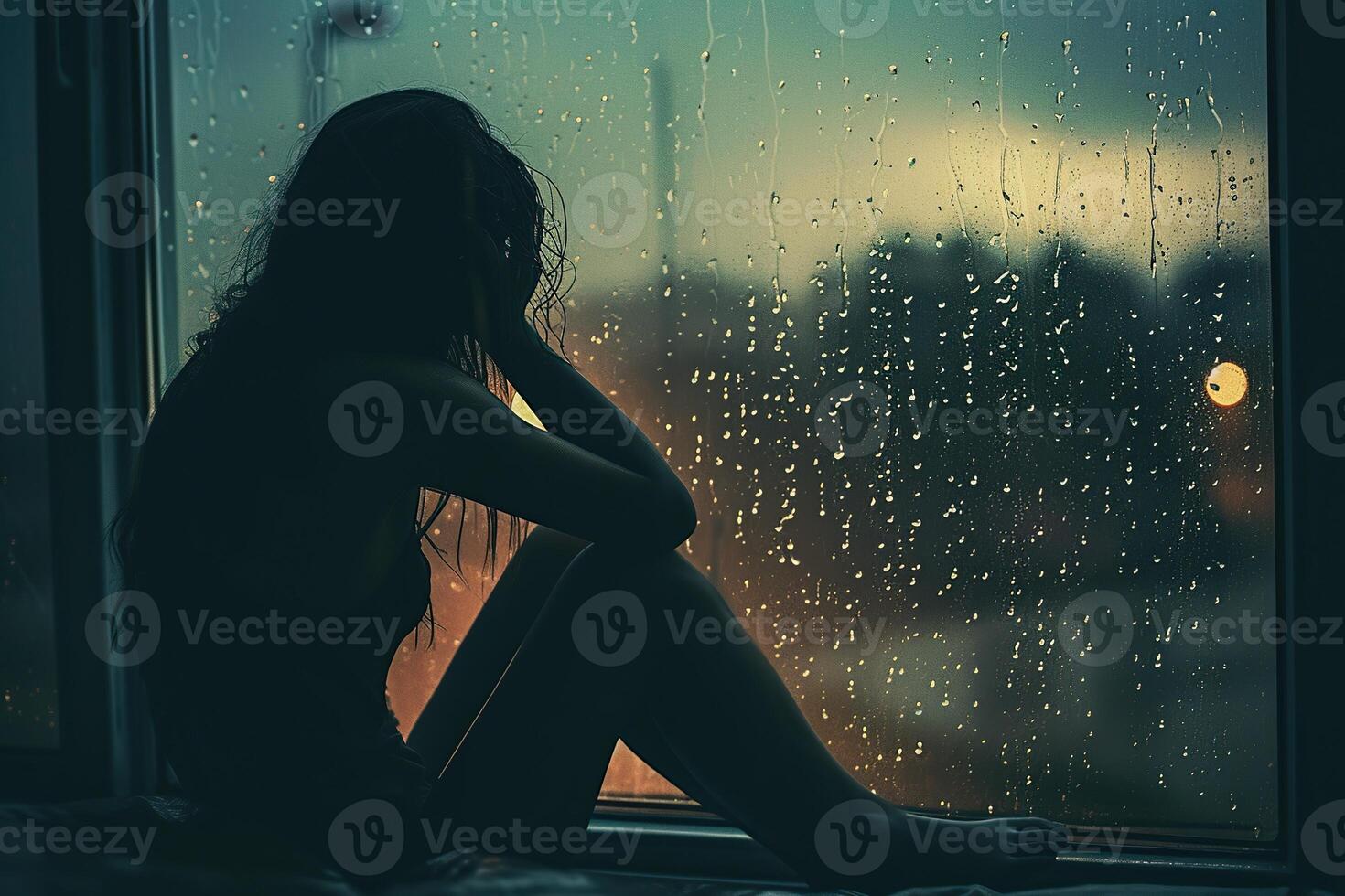 ai gerado lindo jovem mulher sentado sozinho fechar para janela com chuva gotas. sexy e triste menina foto